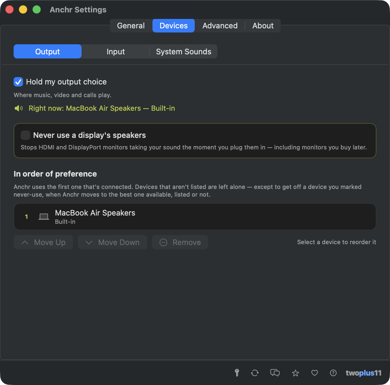Anchr's Devices settings — a segmented Output, Input and System Sounds picker, a switch reading Never use a display's speakers, and a numbered list of preferred devices with Scarlett 2i2 first and MacBook Pro Speakers second, with Move Up, Move Down and Remove buttons beneath