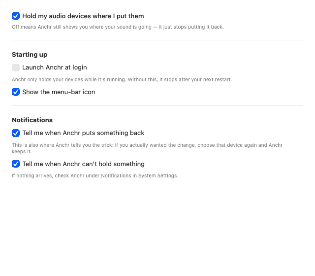 Anchr's General settings — a master switch reading Hold my audio devices where I put them, launch at login, show the menu-bar icon, and two notification switches