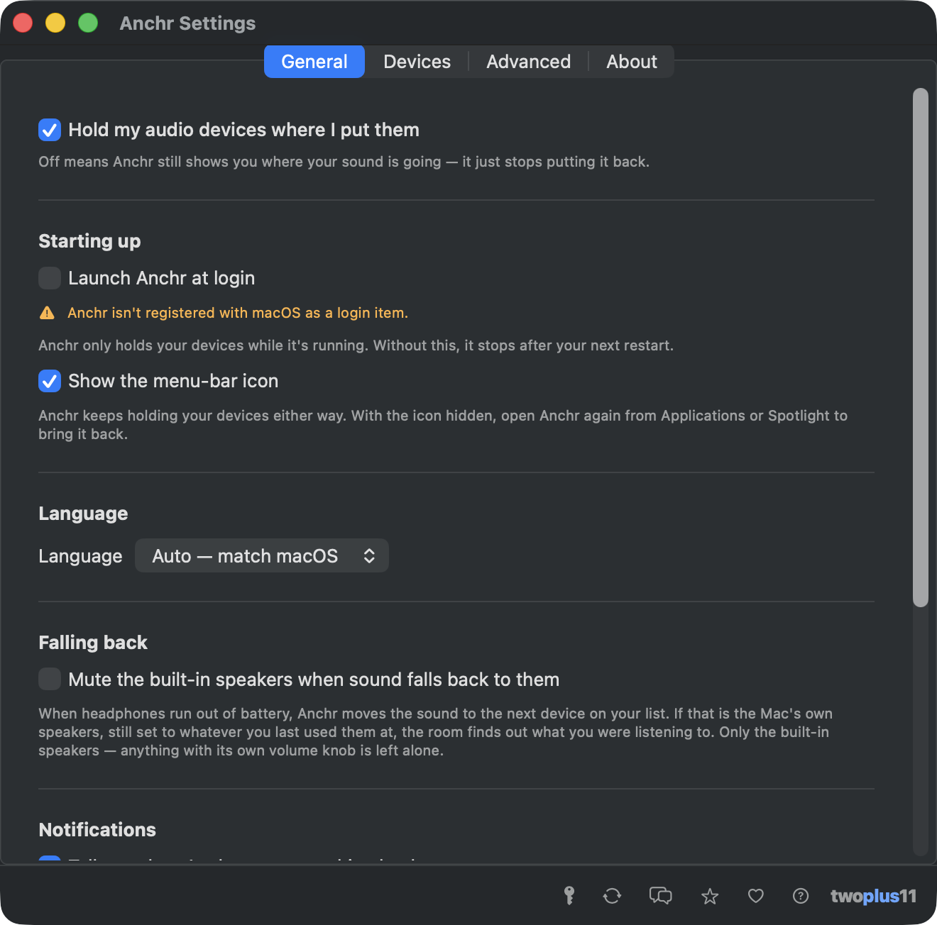 Anchr's General settings — a master switch reading Hold my audio devices where I put them, launch at login, show the menu-bar icon, and two notification switches