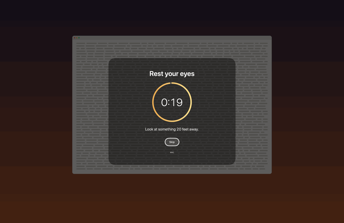 Animated demo of a Blinkr break: the heads-up pill counts down, the screen fades to a dim break card with a countdown ring, finishes with the words Fresh eyes, and fades back out.