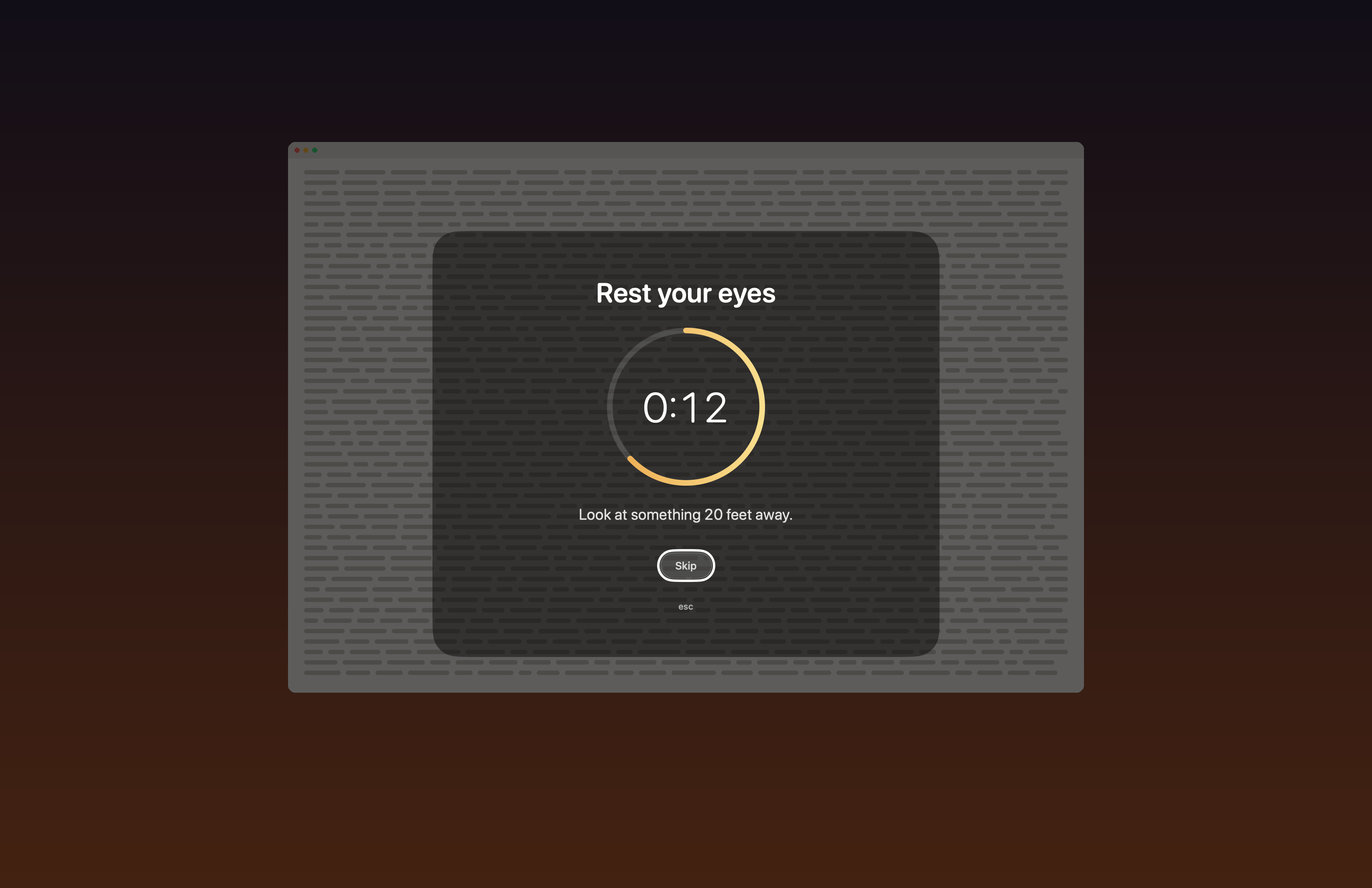 A Mac desktop gently dimmed by Blinkr's break screen: the headline Rest your eyes, an amber countdown ring reading 14 seconds, the suggestion to look at something 20 feet away, and a quiet Skip button.