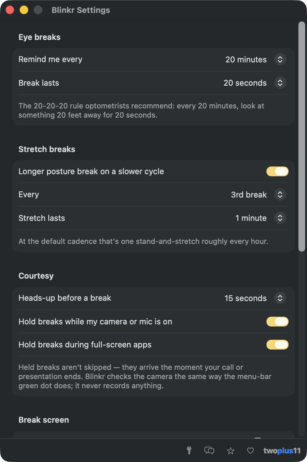 Blinkr's Settings window: break cadence and length pickers, stretch break options, courtesy holds, dim strength, chime, updates, language, and launch at login.