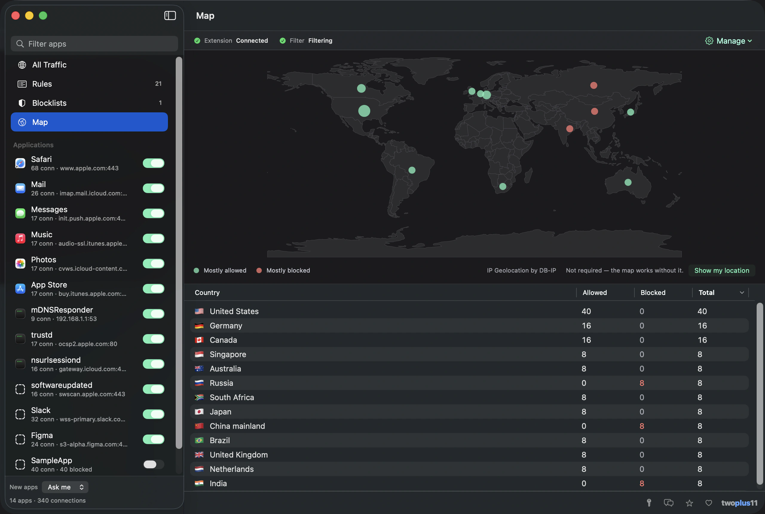 Blockr's Map screen — a world map with a dot on every country this Mac connected to, each sized by how many connections went there and colored green where most were allowed or red where most were blocked, above a sortable table listing every country with its allowed, blocked and total counts