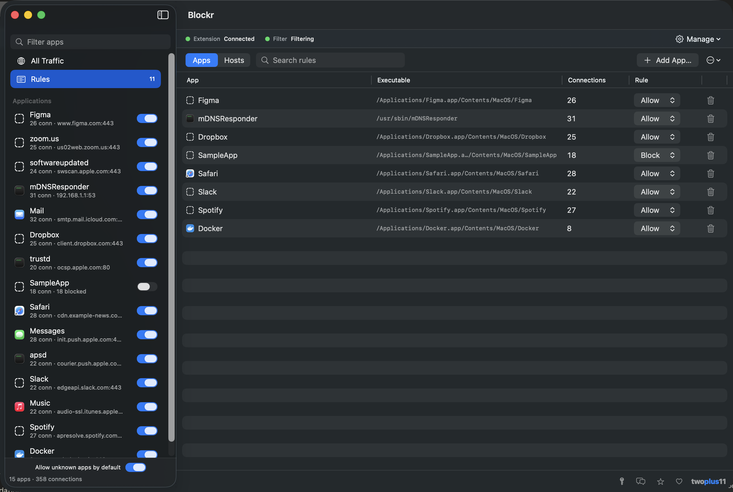 Blockr's Rules screen — a table of per-app rules with each app's icon, executable path, connection count and an Allow or Block verdict, plus a Hosts tab for per-host rules