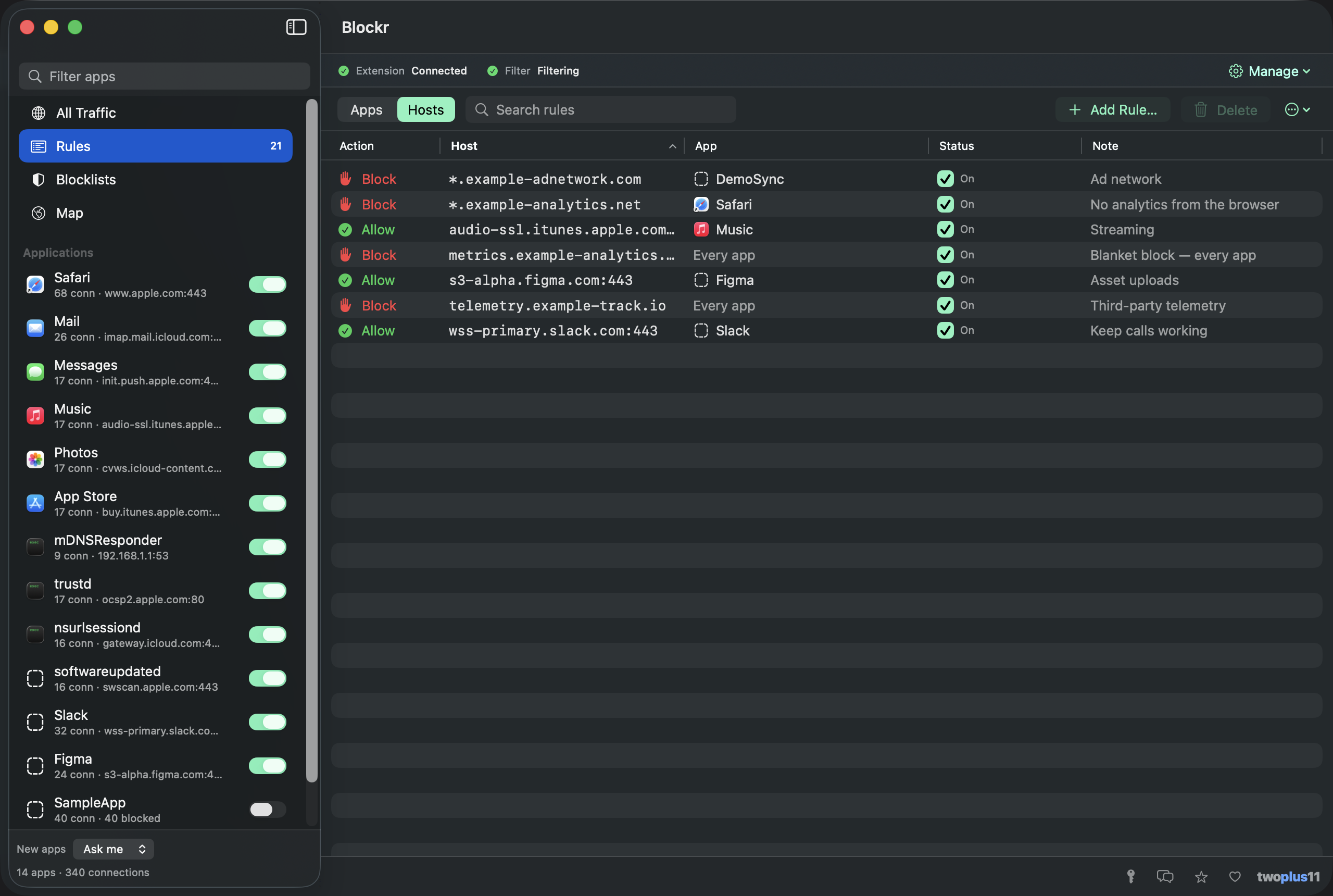 Blockr's Rules screen — a table of per-app rules with each app's icon, executable path, connection count and an Allow or Block verdict, plus a Hosts tab for per-host rules