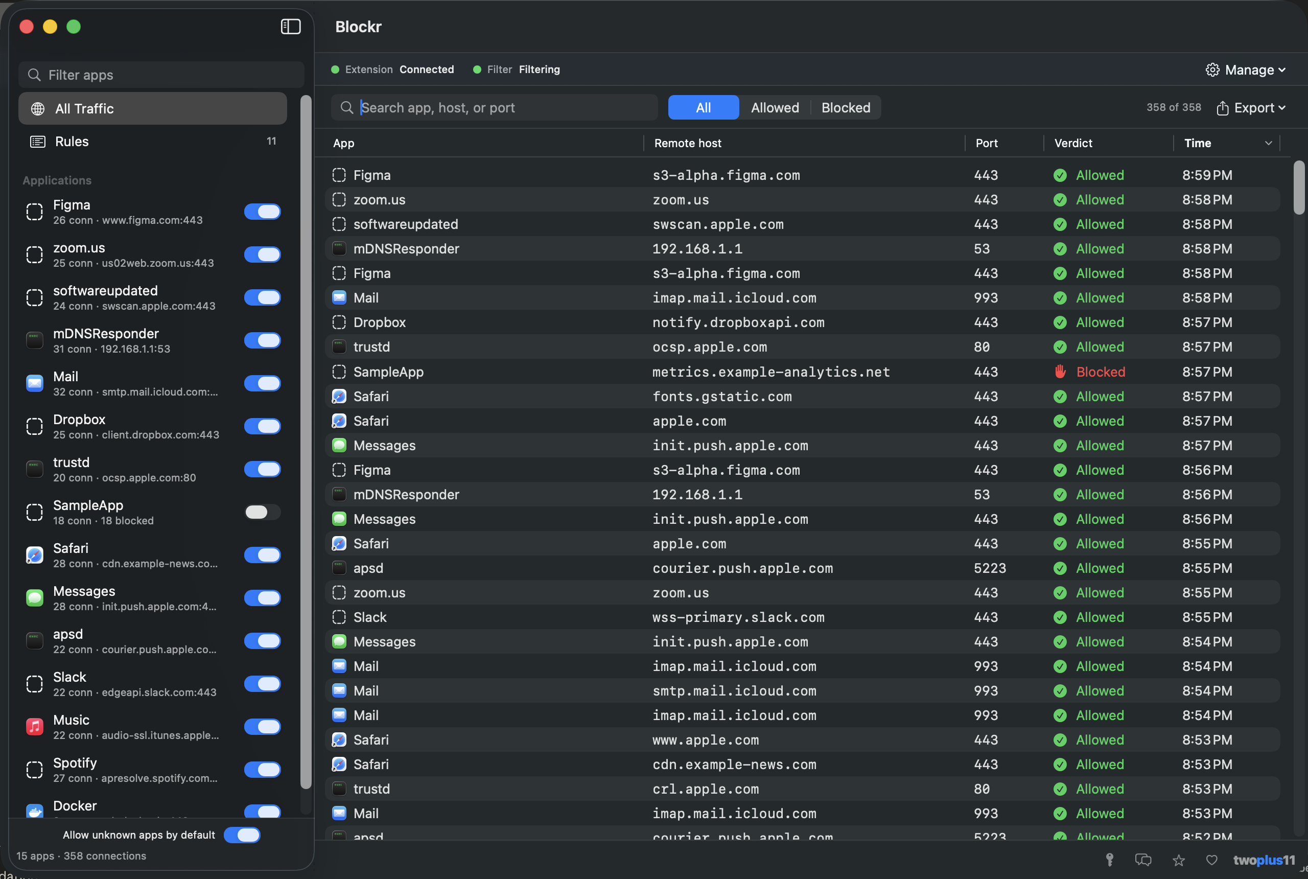 The Blockr window monitoring live traffic — a sidebar of apps with allow/block switches beside each, and a connection log listing every outbound connection with its remote host, port and an Allowed or Blocked verdict