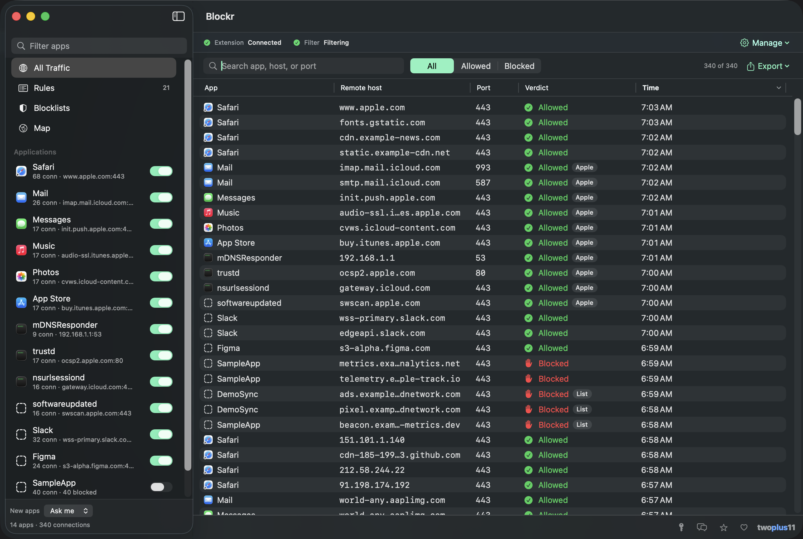 The Blockr window monitoring live traffic — a sidebar of apps with allow/block switches beside each, and a connection log listing every outbound connection with its remote host, port and an Allowed or Blocked verdict