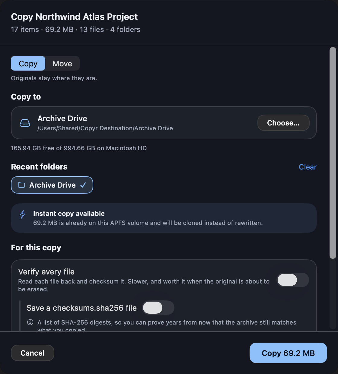 Copyr's job sheet before a copy starts — 6 items, 13 files, 553.7 MB across 3 folders, a chosen destination, a note that verification is on, and switches for verify every file, what to do about an existing file, and keeping dates, permissions and tags