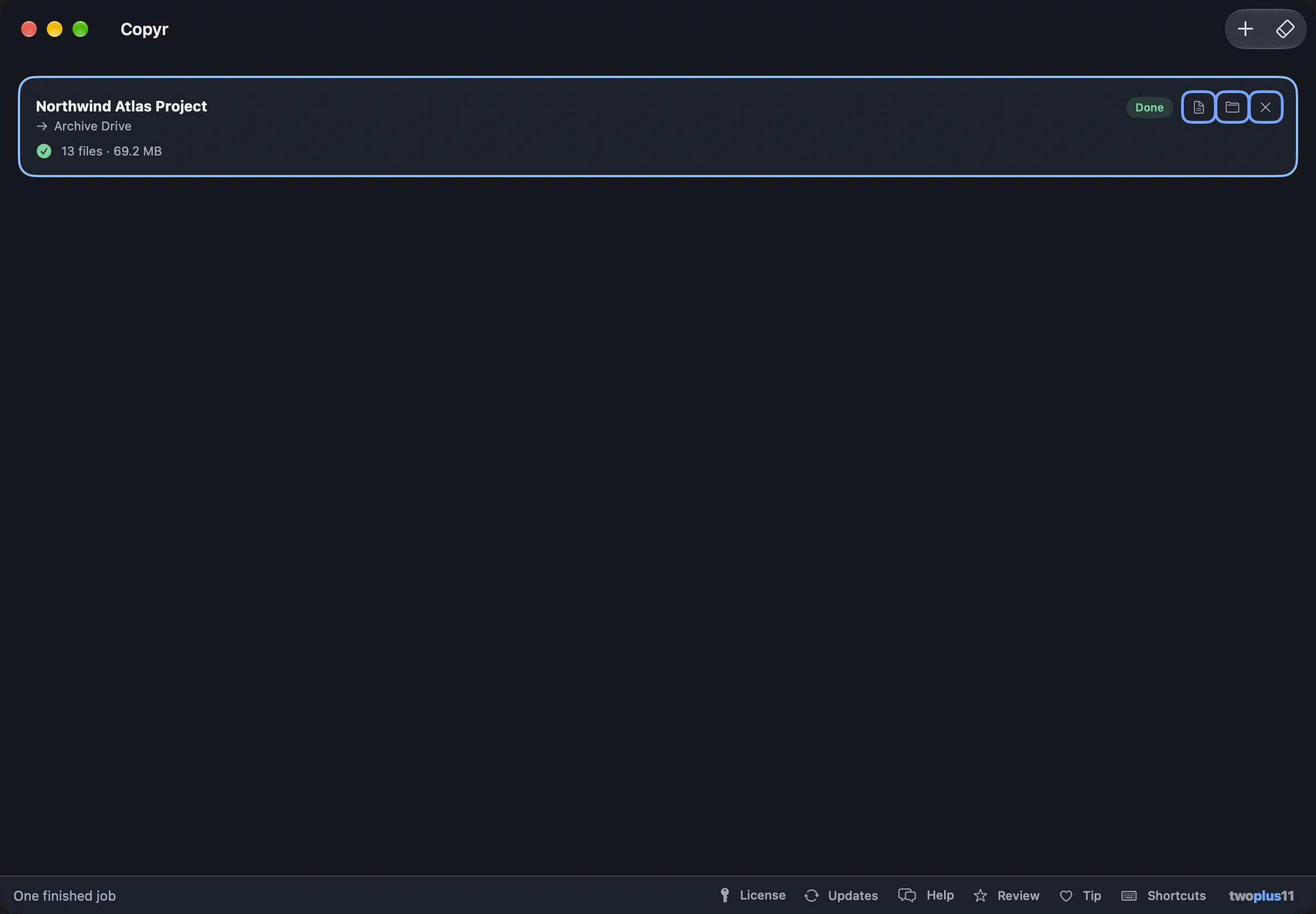 Copyr's queue with four finished jobs, each showing its destination, file count and total size, and the first reporting 553.7 MB copied in one second with 13 files verified