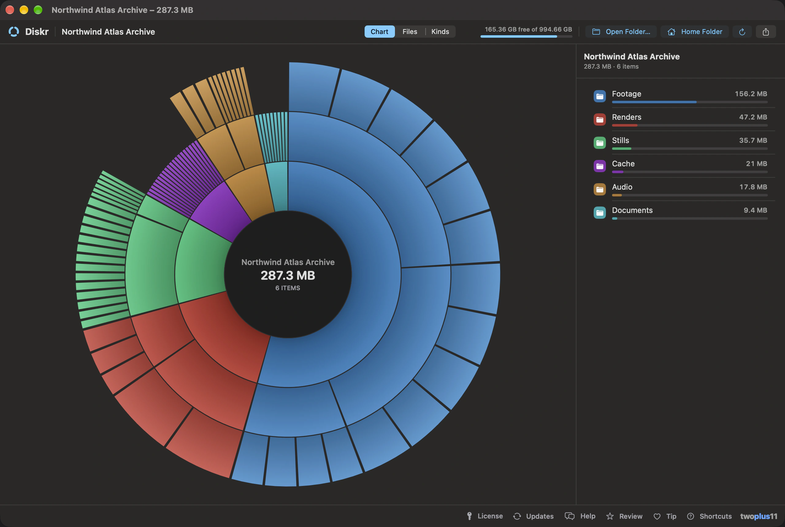 The Diskr window after scanning a folder — 7.09 GB mapped into a multi-ring sunburst, with Videos selected at 2.76 GB and 39% of the folder, and a sidebar listing Videos, Photos, Projects, Music, Archives and Documents by exact size