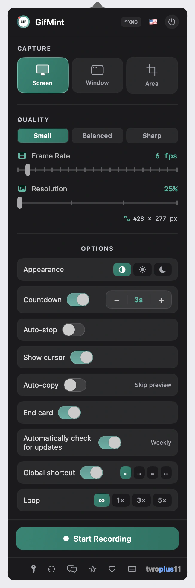GifMint's menu bar panel: Screen, Window and Area capture modes, a frame-rate slider at 10 fps, a resolution slider at 50 percent showing the output pixel size, and options for appearance, countdown, auto-stop, cursor visibility, auto-copy, the End card, weekly update checks and loop count, above a Start Recording button