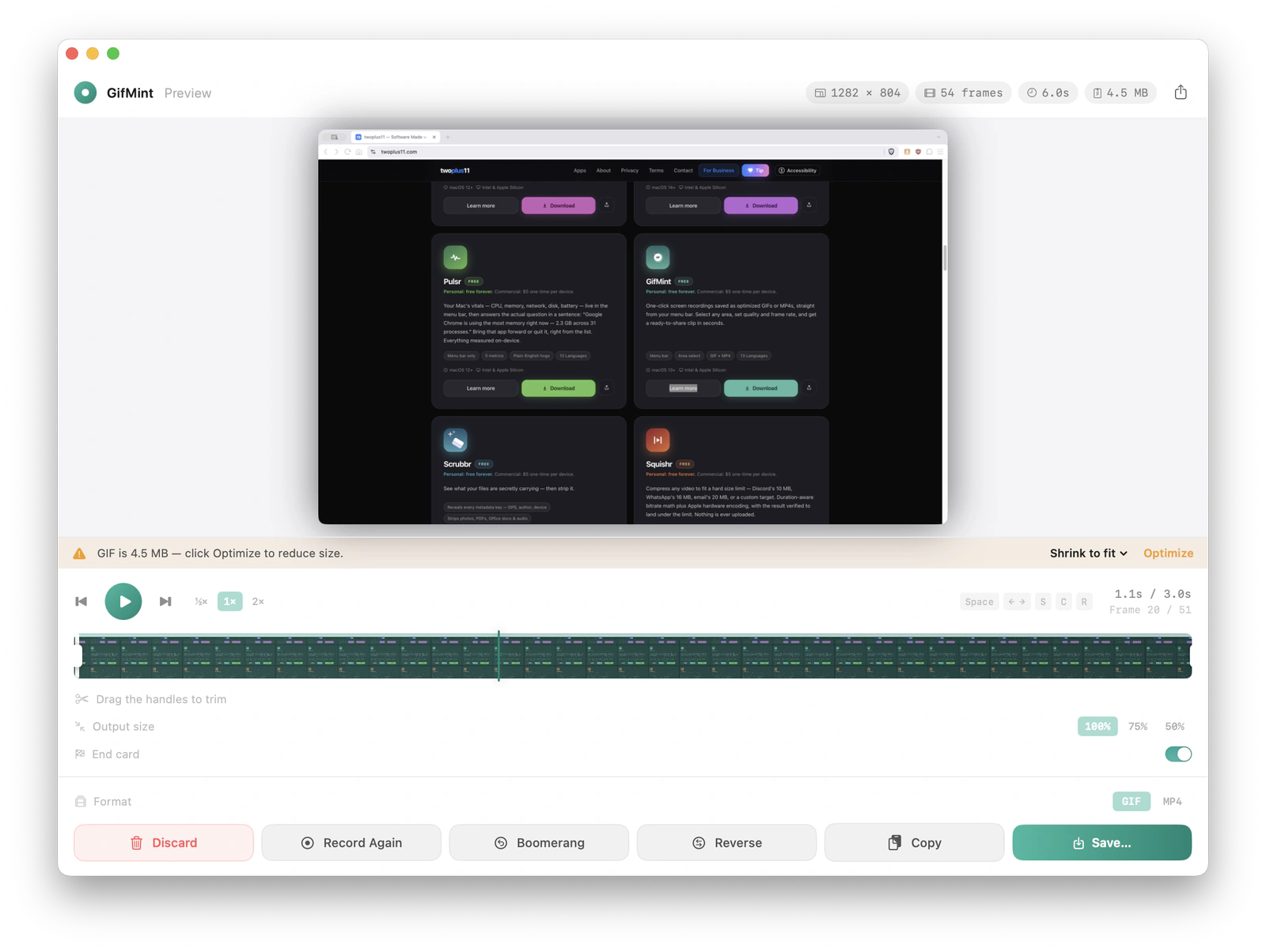 GifMint's Preview window after a six-second recording: the clip playing back at 1282 by 804 across 54 frames at 4.5 MB, a filmstrip scrubber with trim handles, an Optimize prompt for the file size, output size and End card options, a GIF or MP4 switch, and Discard, Record Again, Boomerang, Reverse, Copy and Save buttons
