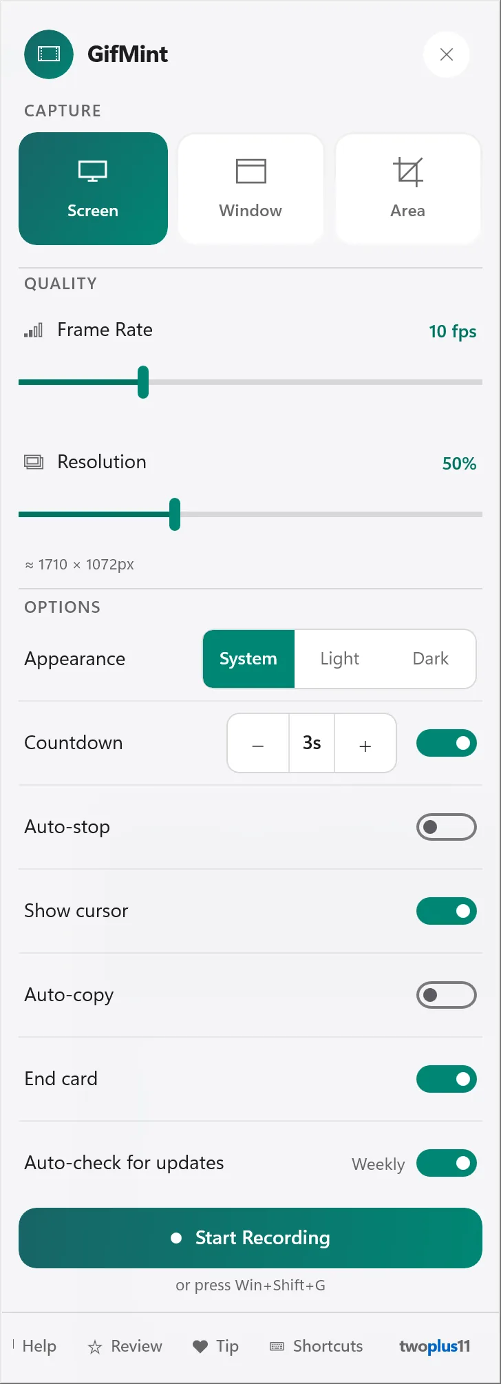 GifMint's panel: the whole app. Capture is set to Screen, with Window and Area beside it. Under Quality, frame rate is 10 fps and resolution 50%, each on a slider, with the output size worked out underneath as about 1710 × 1072 pixels. Under Options: appearance set to System with Light and Dark beside it; a 3-second countdown, on; auto-stop, off; show cursor, on; auto-copy, off; the End card, on; and a weekly automatic update check, on. A Start Recording button fills the foot of the panel, captioned “or press Win+Shift+G”.