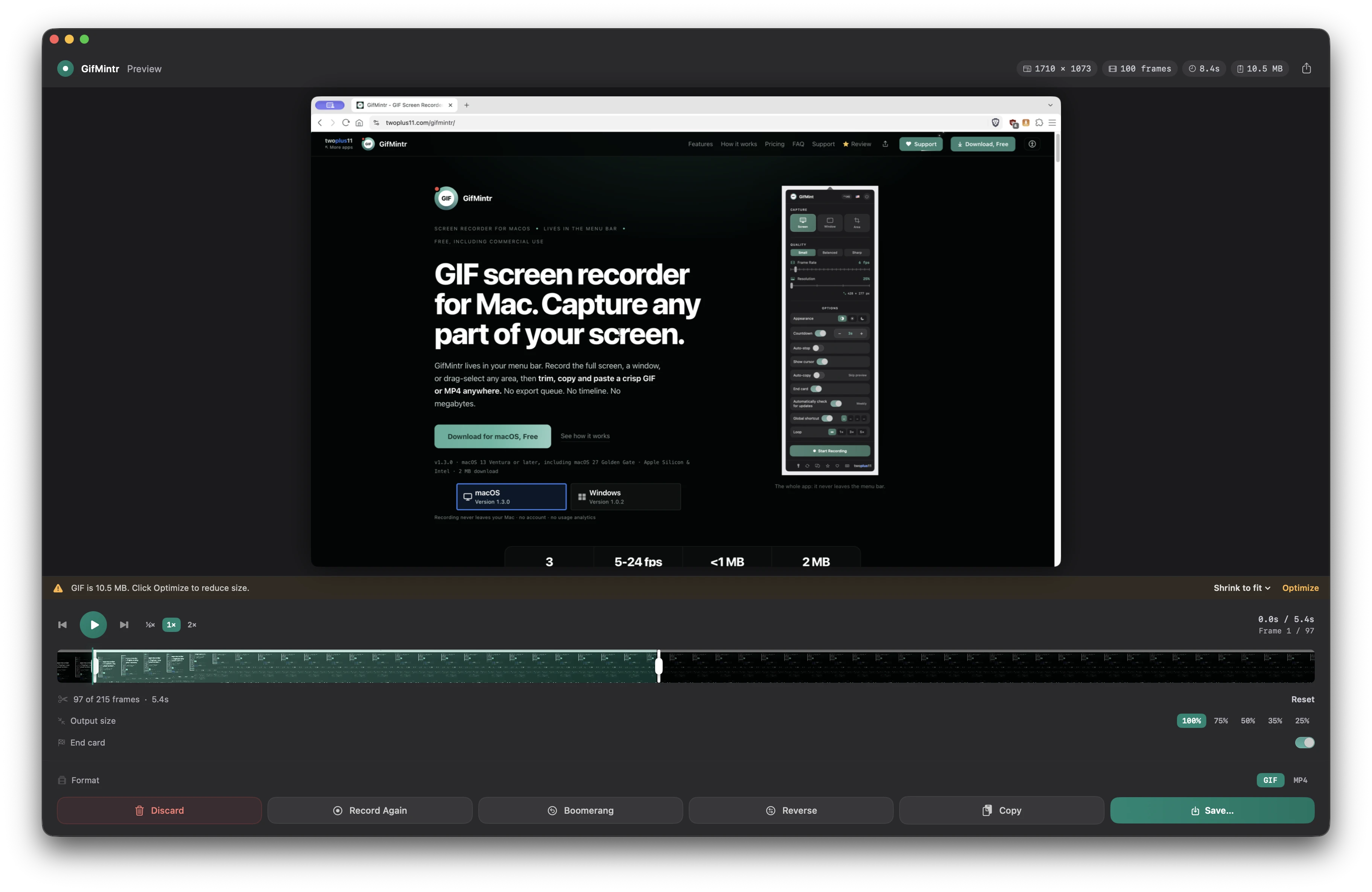 GifMintr's Preview window after a recording of the GifMintr website: 215 frames at 10.5 MB, a filmstrip scrubber with trim handles, an Optimize prompt, output size and End card options, a GIF or MP4 switch, and Discard, Record Again, Boomerang, Reverse, Copy and Save buttons