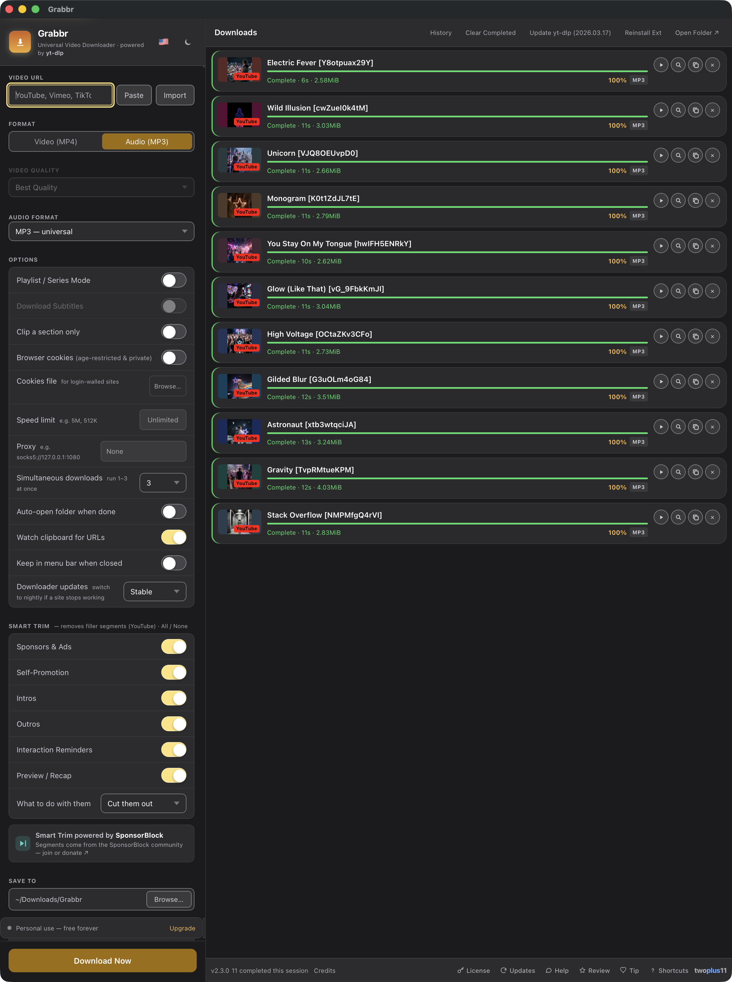 Grabbr's whole settings panel at once — video URL field with Paste and Import, the Video (MP4) / Audio (MP3) picker, video quality, audio format, and every option: playlist mode, subtitles, clip a section, browser cookies, a cookies file, speed limit, proxy, simultaneous downloads, auto-open folder, watch clipboard, keep in menu bar, and the downloader update channel; then Smart Trim with switches for sponsors, self-promotion, intros, outros, interaction reminders and preview recaps and what to do with them, the save folder, and a Download Now button — next to a Downloads queue of eleven finished MP3 downloads with their thumbnails, times and file sizes.