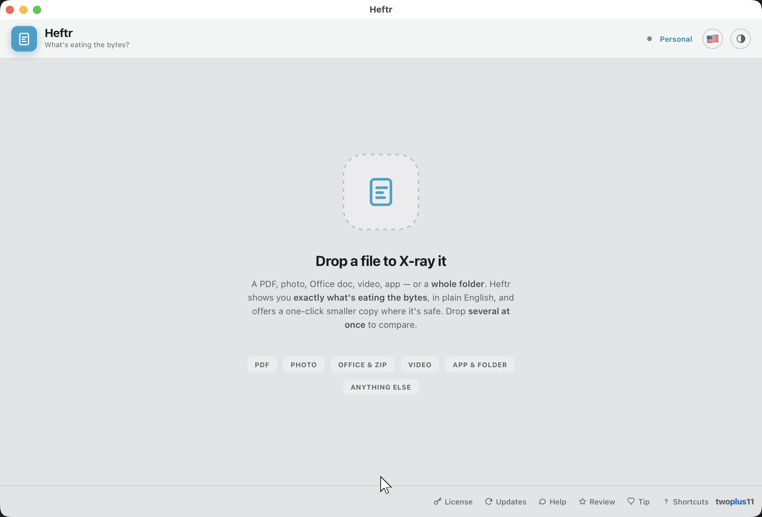 Animation of Heftr: a photo is opened, the size breakdown and verdict appear, and one click on Make smaller copy writes a 75 percent smaller sibling file
