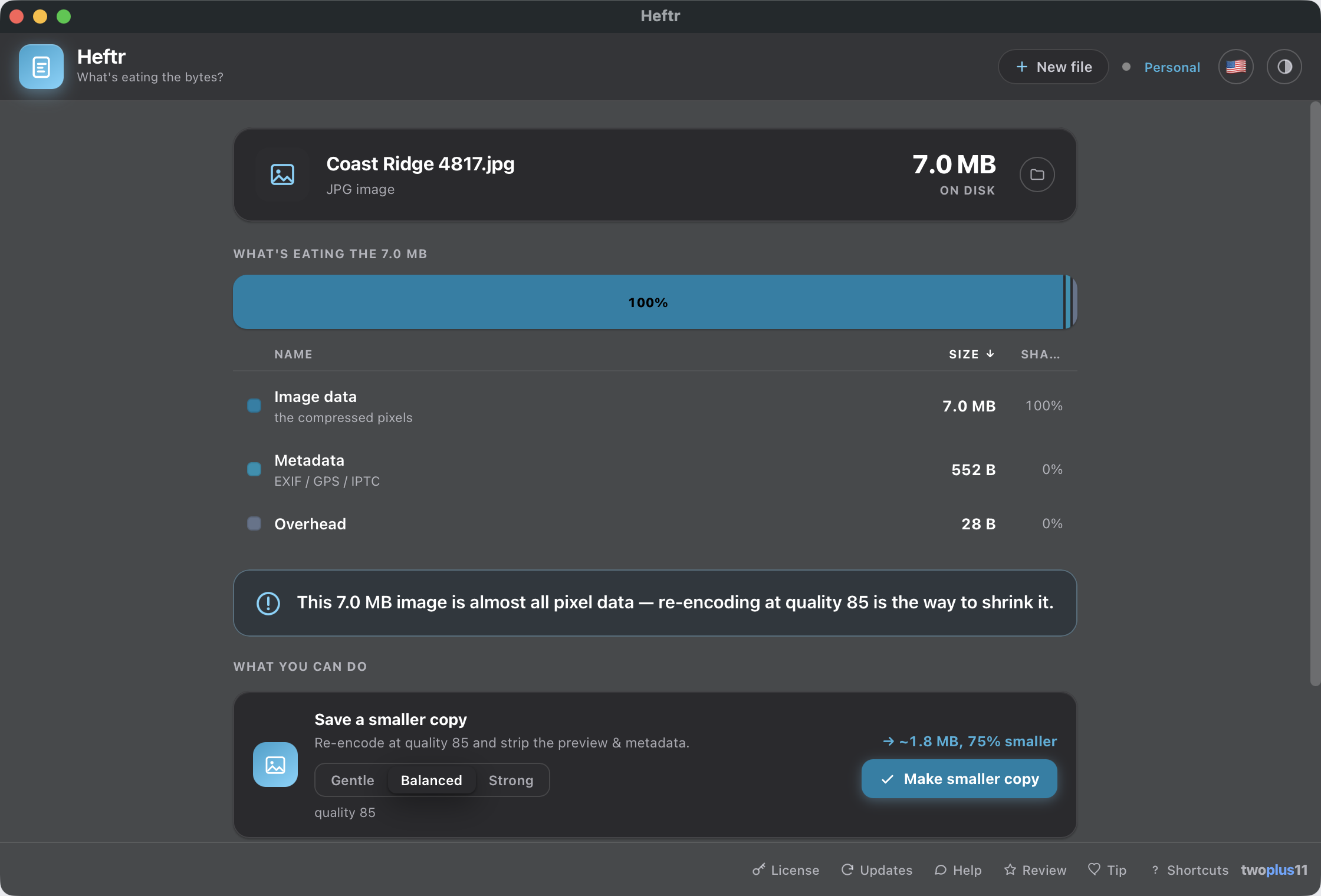 The Heftr window after opening a 7 MB JPEG — a bar breaking the file into image data, metadata and overhead with exact byte sizes, a plain-English verdict that the file is almost all pixel data, and a Make smaller copy button predicting about 1.8 MB, 75 percent smaller
