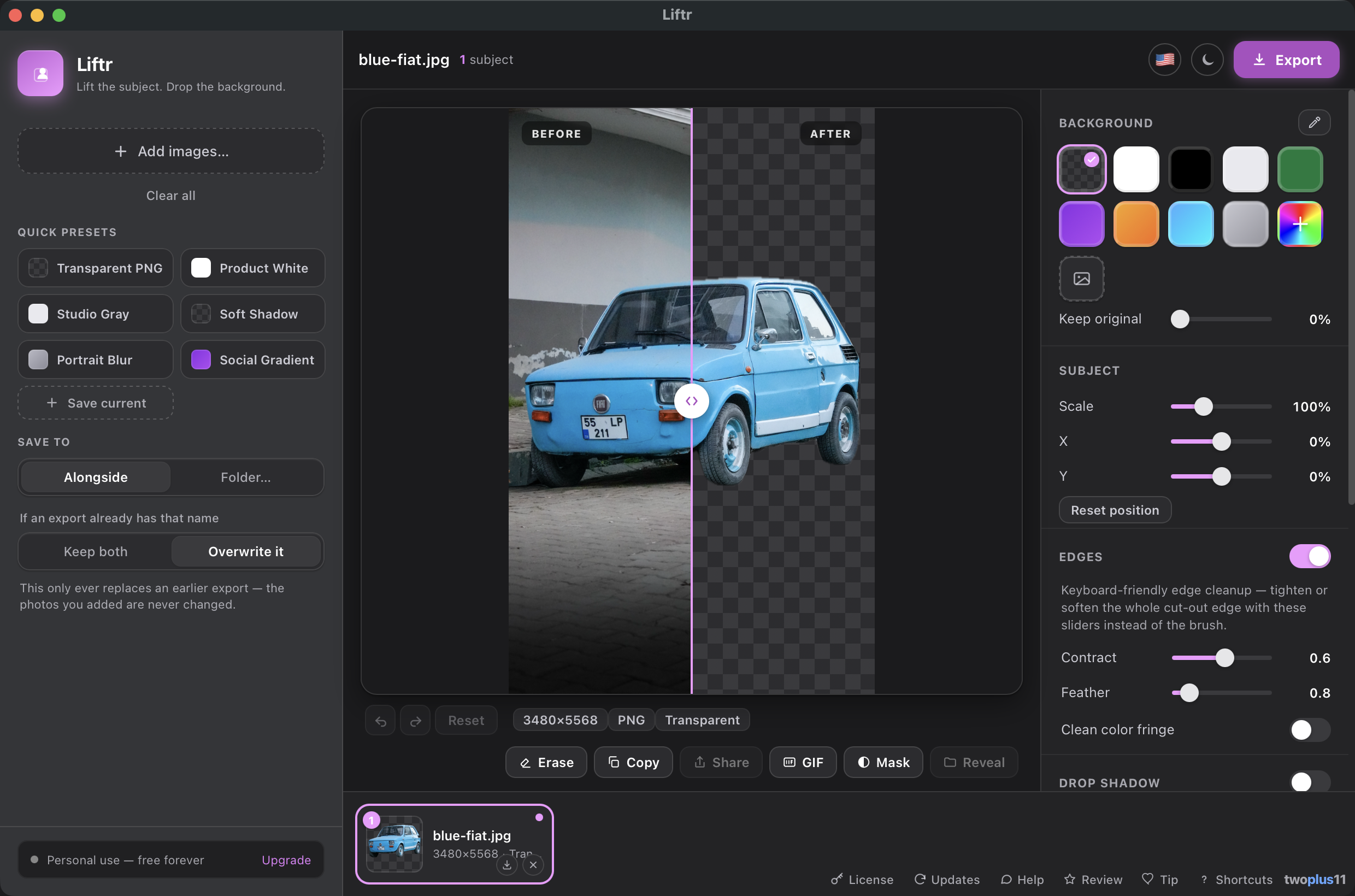 The Liftr app window showing a before/after compare slider: a small blue car photographed outdoors on the left, and the same subject with the background removed onto a transparent checkerboard on the right
