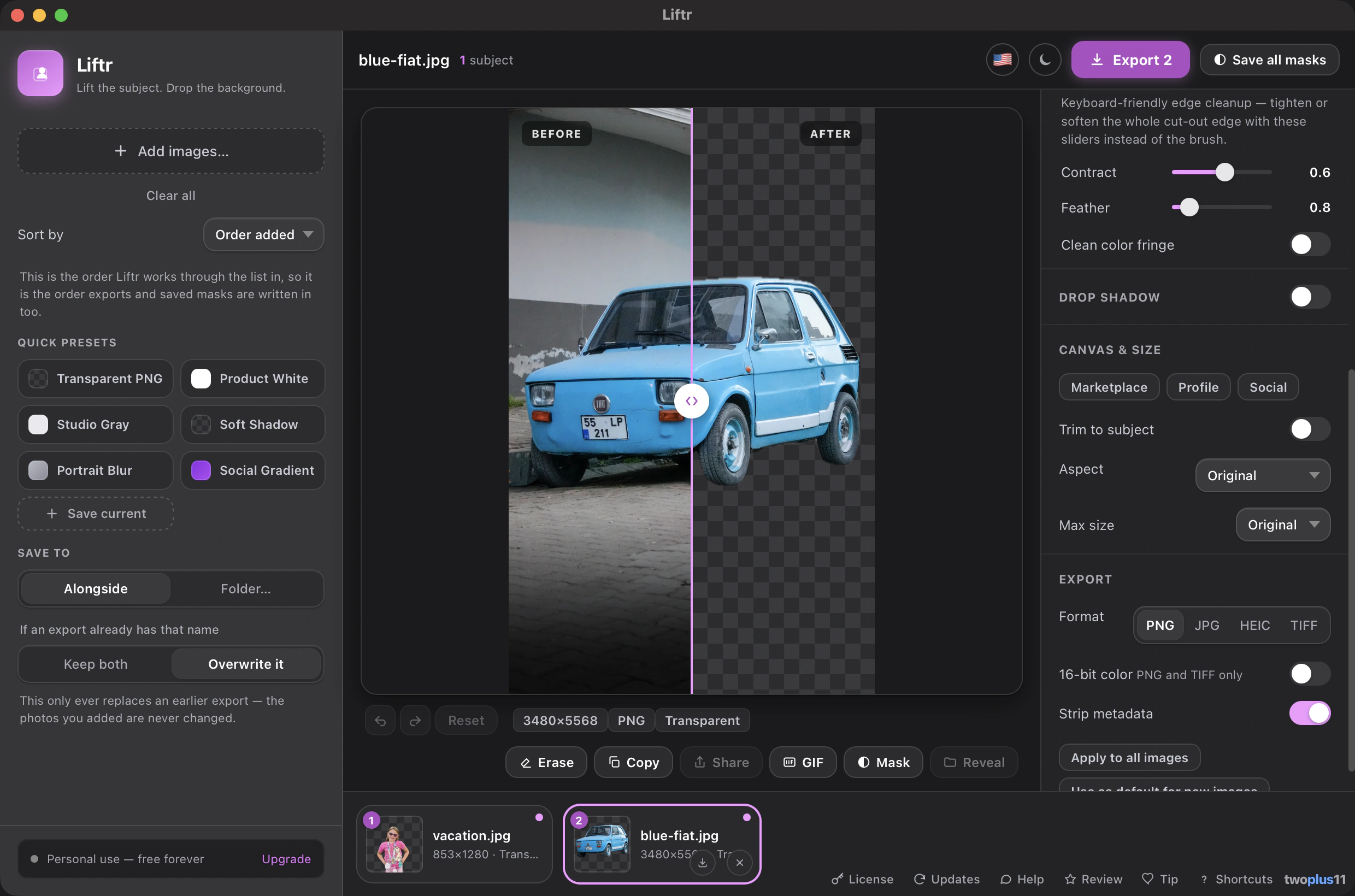 The Liftr app window showing a before/after compare slider: a small blue car photographed outdoors on the left, and the same subject with the background removed onto a transparent checkerboard on the right