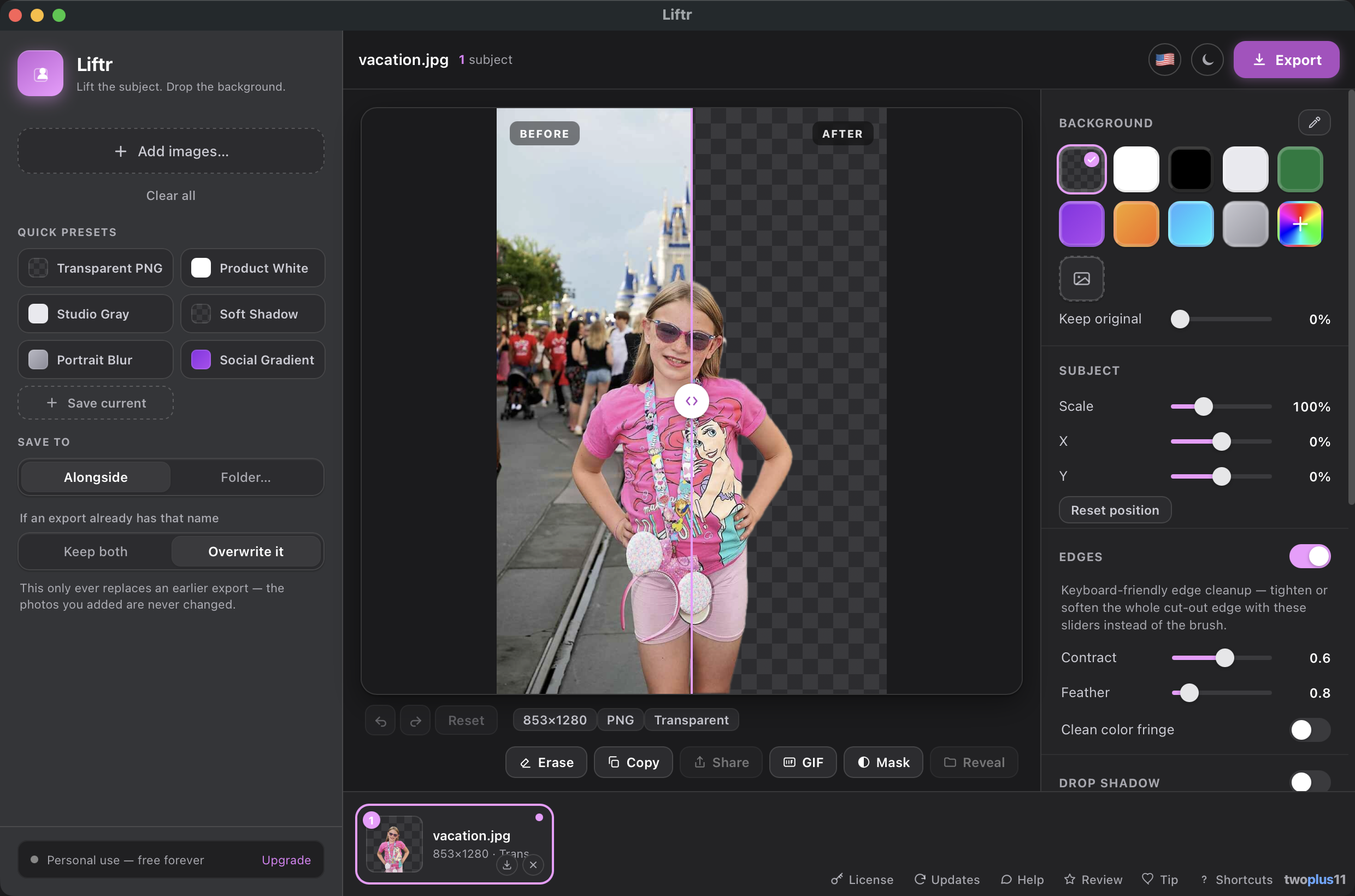 The Liftr app window showing a before/after compare slider: a girl photographed on Main Street at Magic Kingdom on the left, and the same subject with the background removed onto a transparent checkerboard on the right