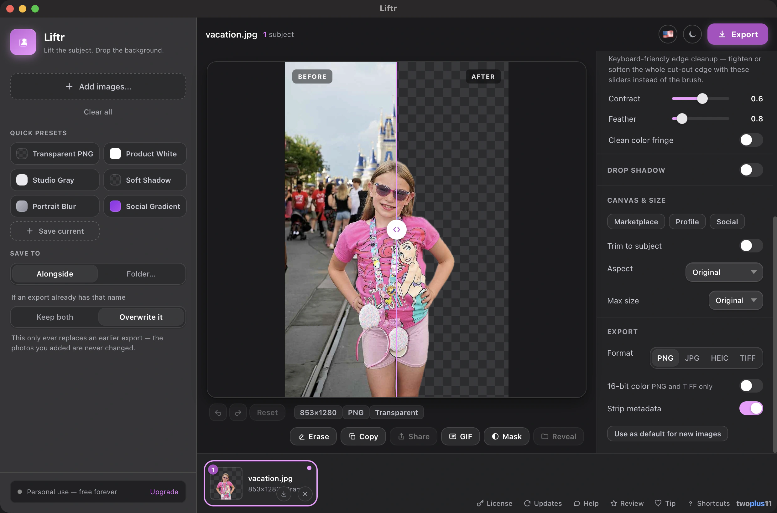 The Liftr app window showing a before/after compare slider: a girl photographed on Main Street at Magic Kingdom on the left, and the same subject with the background removed onto a transparent checkerboard on the right