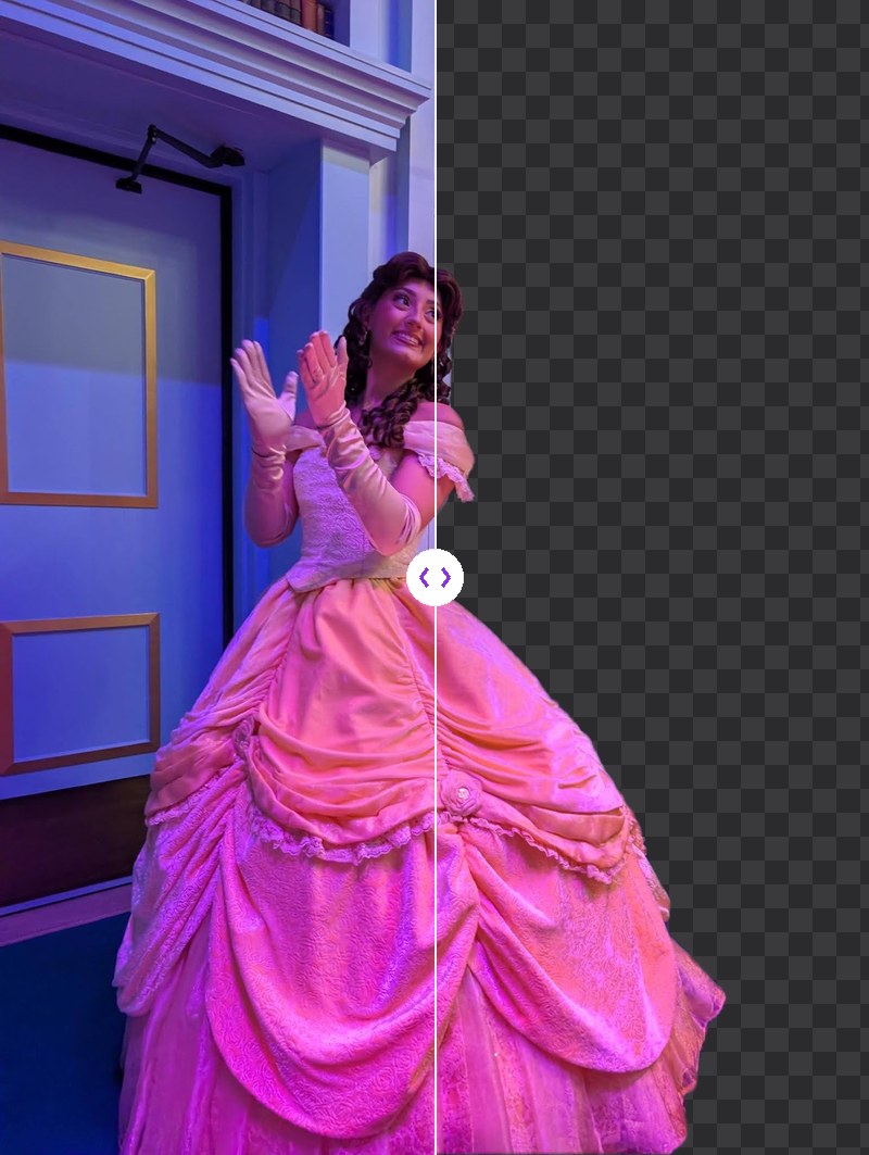 Before and after: a person in a ball gown photographed indoors, and the same subject with the background removed onto a transparent checkerboard