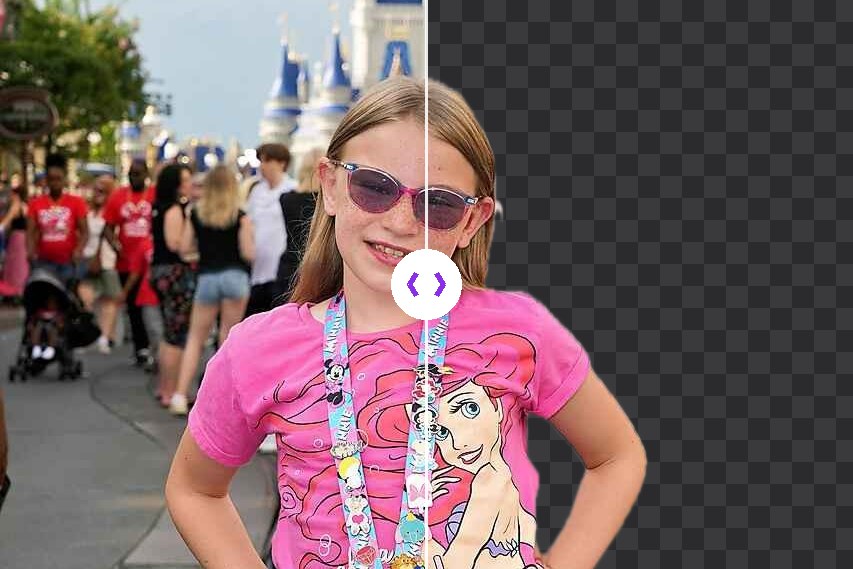 Before and after: a girl photographed on Main Street at Magic Kingdom, and the same subject with the background removed onto a transparent checkerboard