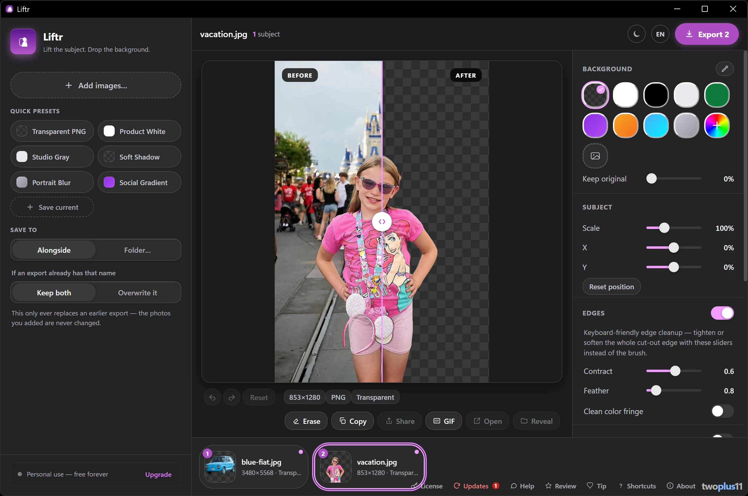 Liftr for Windows with vacation.jpg open: a girl at a theme park. The before/after compare slider shows the original photo on the left and the subject cut out onto transparency on the right. Quick presets on the left include Transparent PNG, Product White, Studio Gray, Soft Shadow, Portrait Blur and Social Gradient.