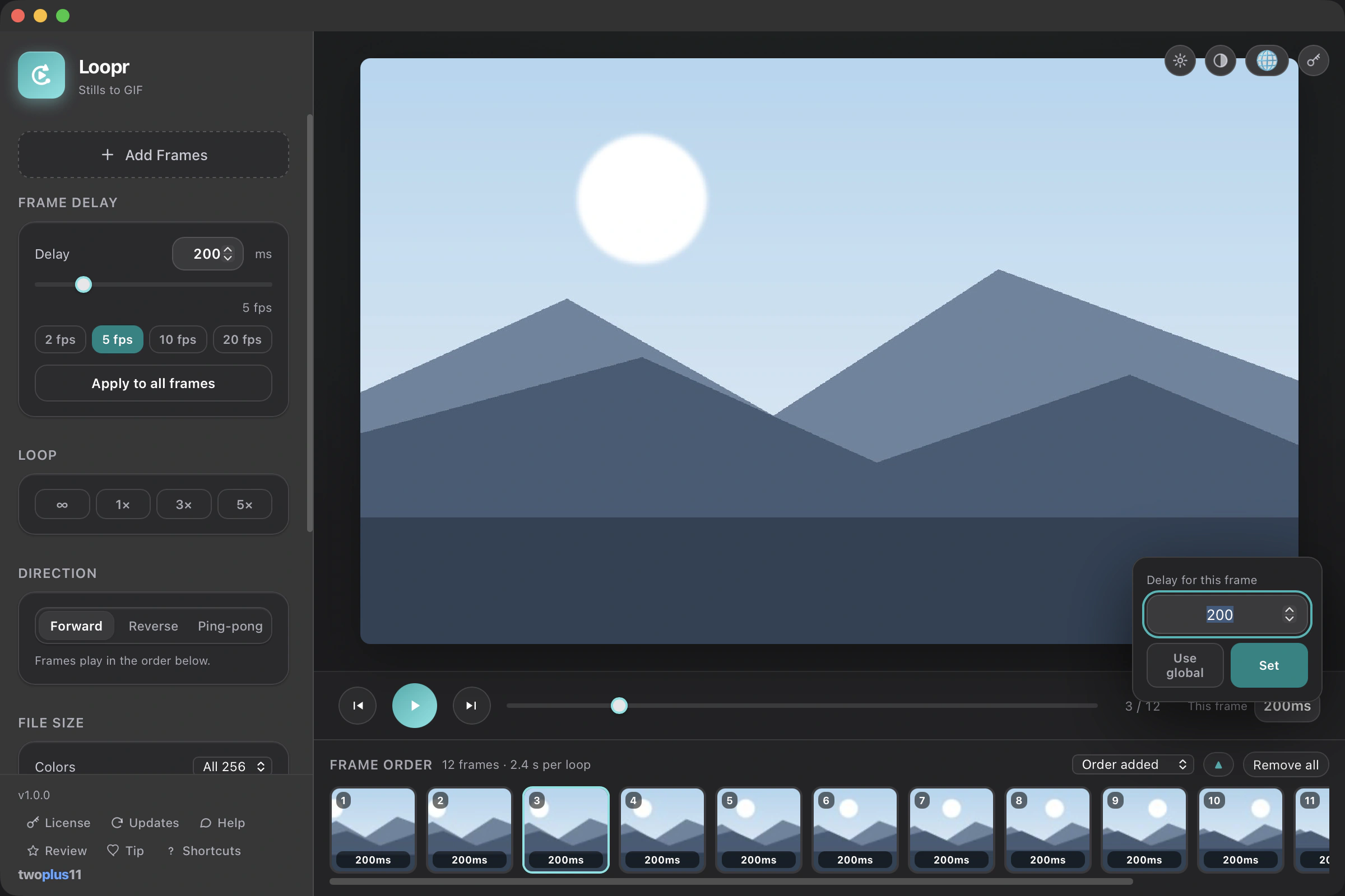 The per-frame delay popover open on a frame in Loopr — the delay for that frame being set in milliseconds with the loop's fps updating live, and the play/pause preview showing the timing