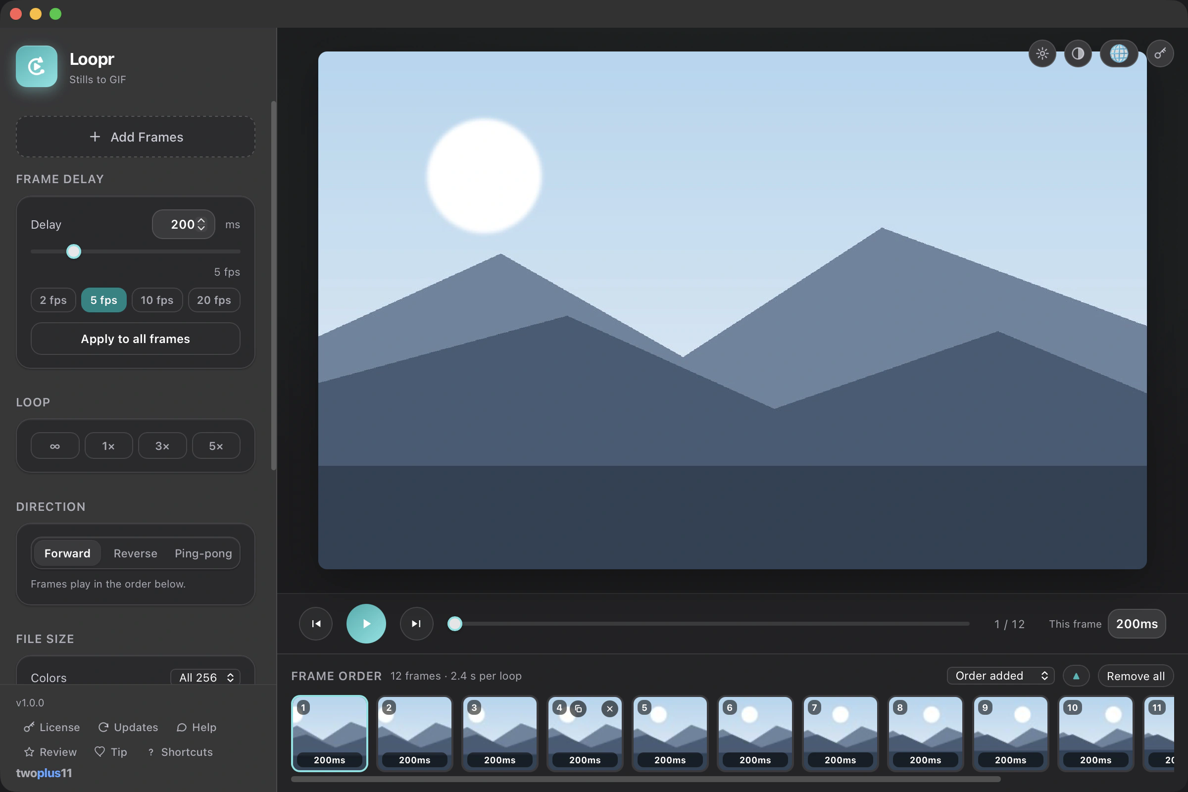 The Loopr window building a looping GIF from a set of stills — frames laid out in order with a filmstrip and scrubber, per-frame delays and a live fps readout, loop count and background controls, and a play/pause preview showing exactly what will export