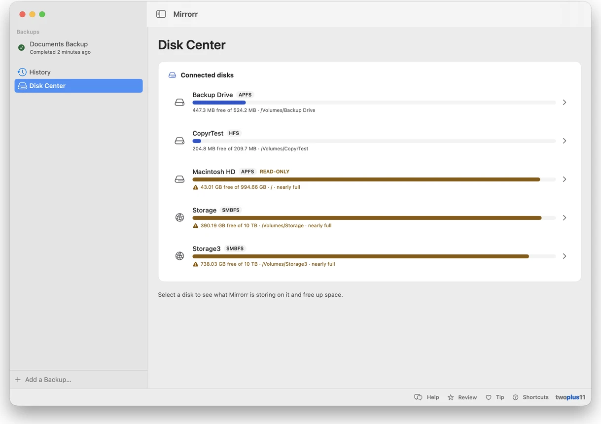 Mirrorr Disk Center view showing connected volumes with backup status and disk usage