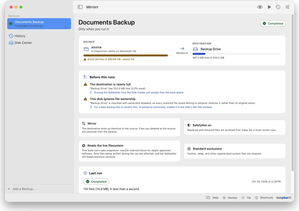 Mirrorr window showing a backup in progress