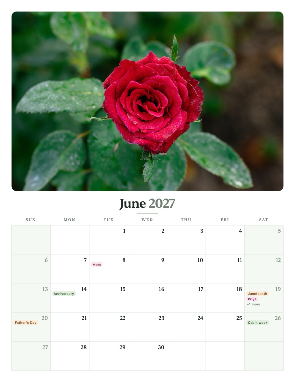 The same June 2027 rose page in the Botanical theme: serif type with garden-green and plum event chips.