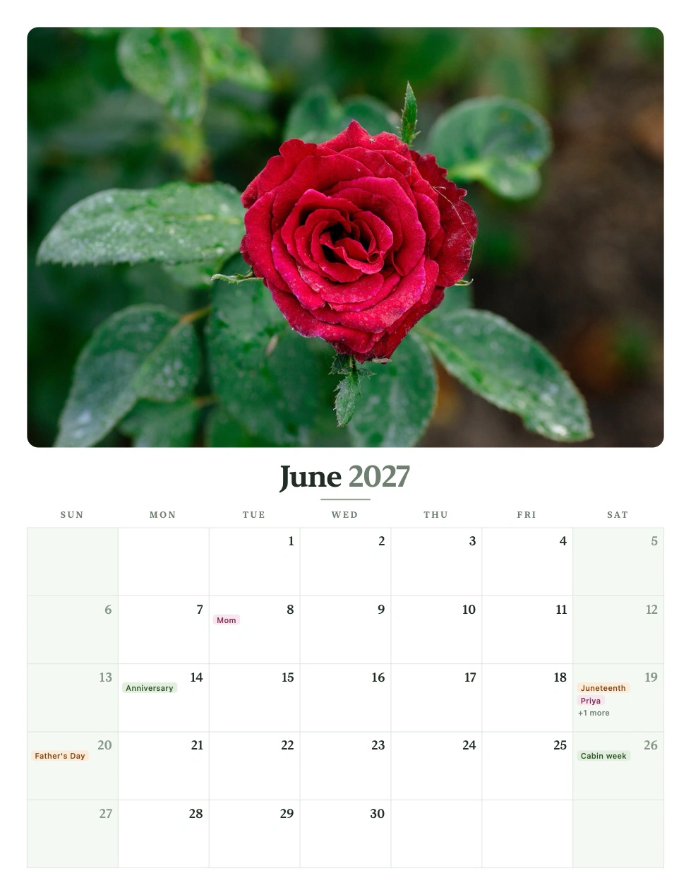 The same June 2027 rose page in the Botanical theme: serif type with garden-green and plum event chips.