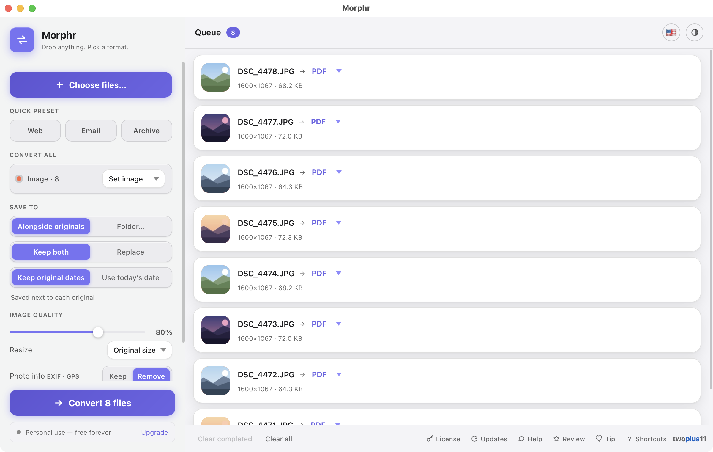 The real Morphr app on a Mac, ready to convert files dropped into the queue — with one-click formats like HEIC to JPG, MOV to MP4, and FLAC to MP3, entirely on-device