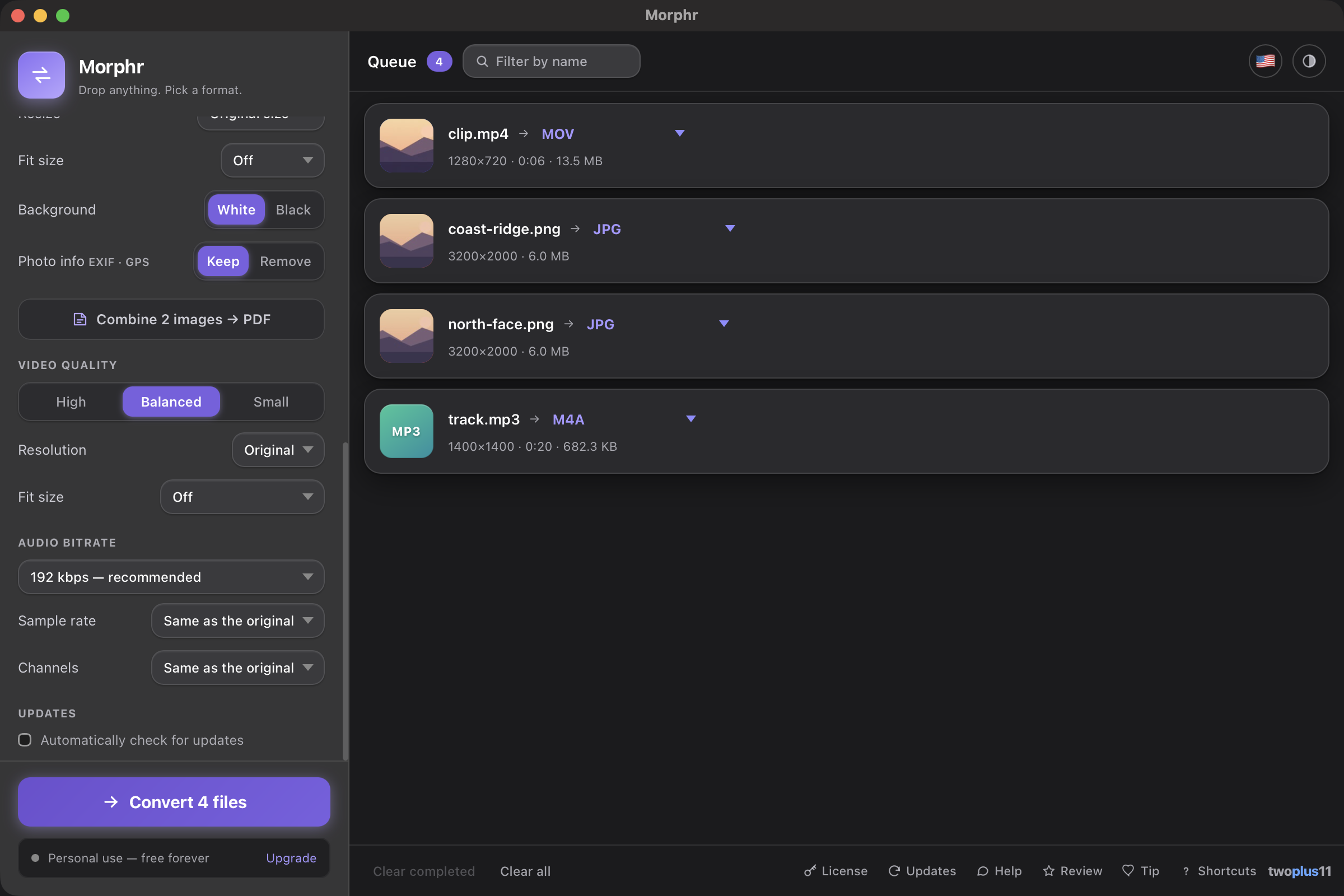 Morphr's settings panel scrolled to the quality controls — image quality and resize, the background and EXIF/GPS choices, video quality and resolution, and audio bitrate, sample rate and channels — all set before converting