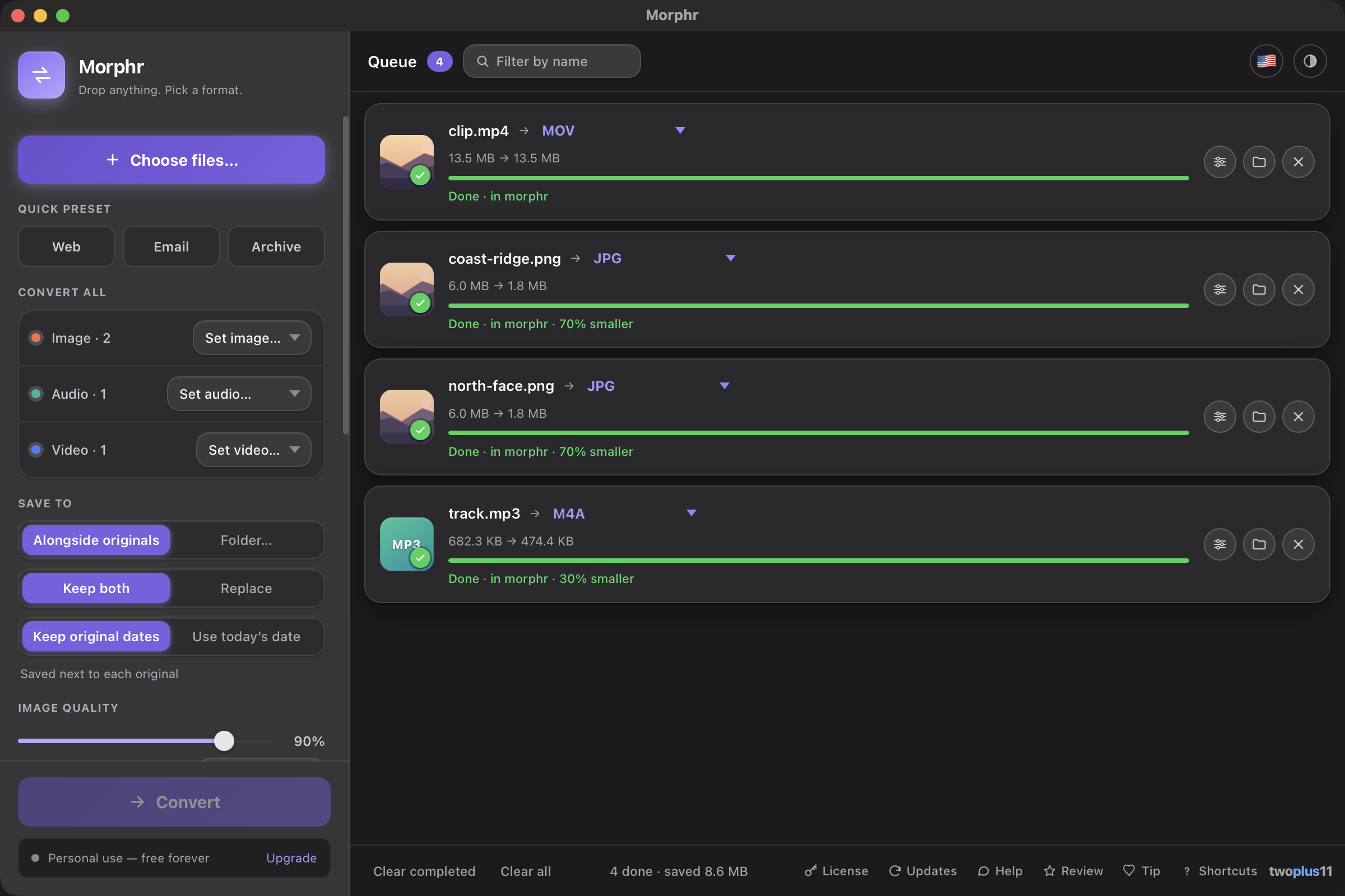All six files converted in Morphr, each row showing its new size and how much smaller it got — 93% off a design PNG, 76% off a video clip — with the footer reading six done and 143.4 MB saved