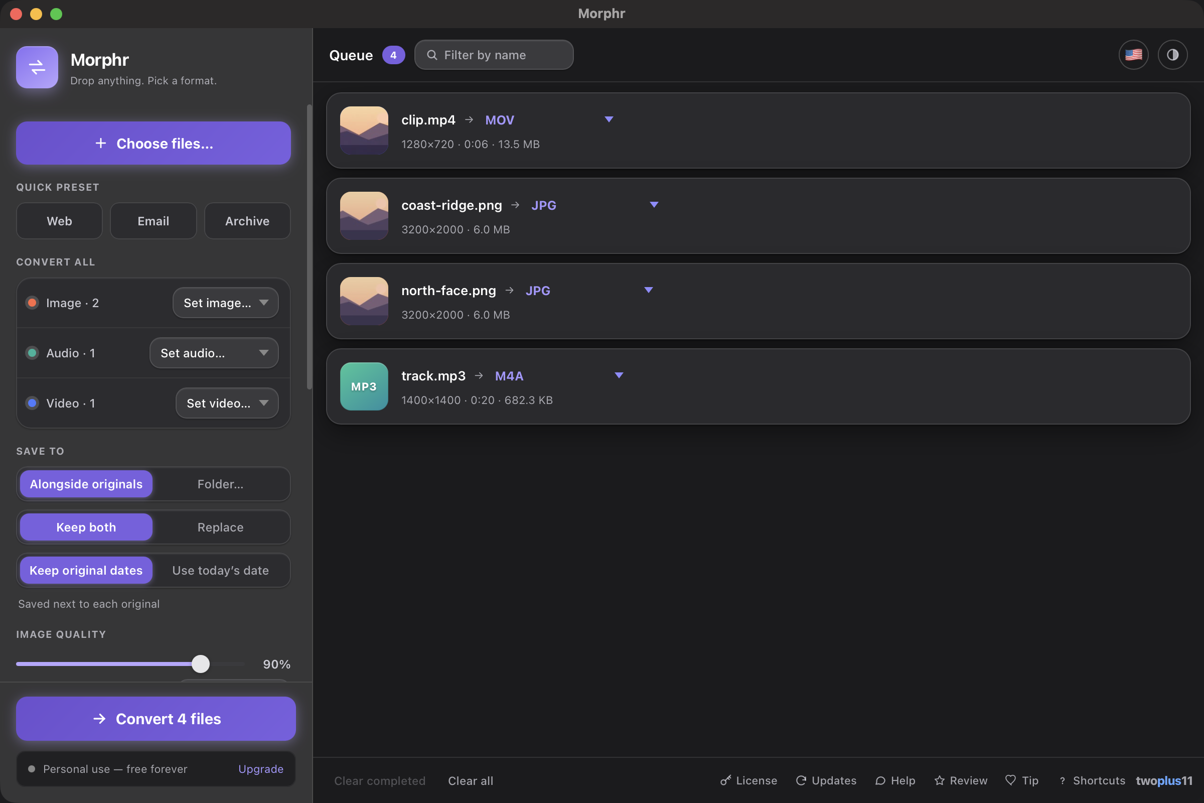 The real Morphr app on a Mac with six mixed files queued — a FLAC to M4A, a PNG and two iPhone HEIC photos to JPG, a Word document to Markdown, and a MOV to MP4 — each with its format already picked, entirely on-device
