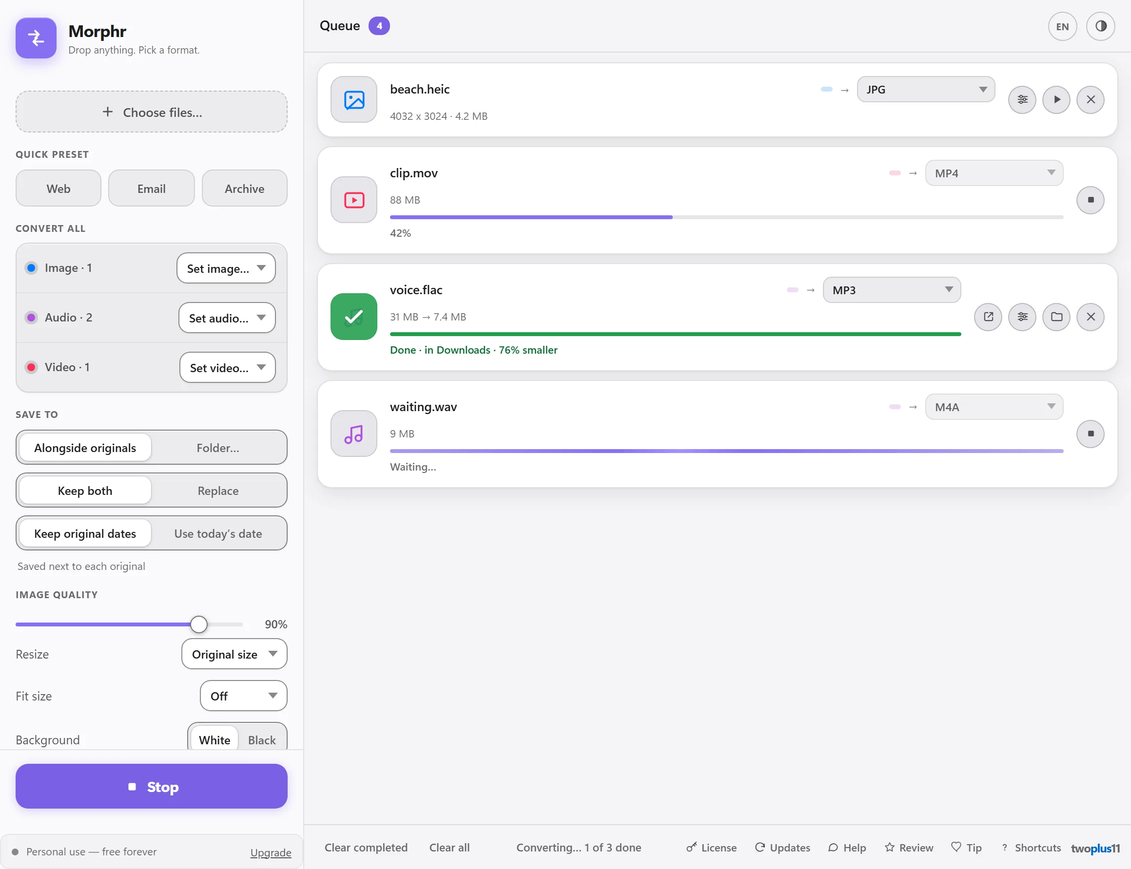 Morphr converting a mixed queue of four files. beach.heic, 4032 × 3024 and 4.2 MB, is queued for JPG; clip.mov, 88 MB, is 42% of the way to MP4; voice.flac is done: 31 MB became 7.4 MB, 76% smaller, saved in Downloads; and waiting.wav is waiting its turn for M4A. The settings column on the left sets a quick preset of Web, Email or Archive, a target format for each kind of media, whether to save alongside the originals or in a chosen folder, whether to keep both files or replace, whether to keep the original dates, image quality at 90% with resize and fit-size limits, the background for transparency, and whether to keep or remove EXIF and GPS. The footer reads “Converting… 1 of 3 done”.