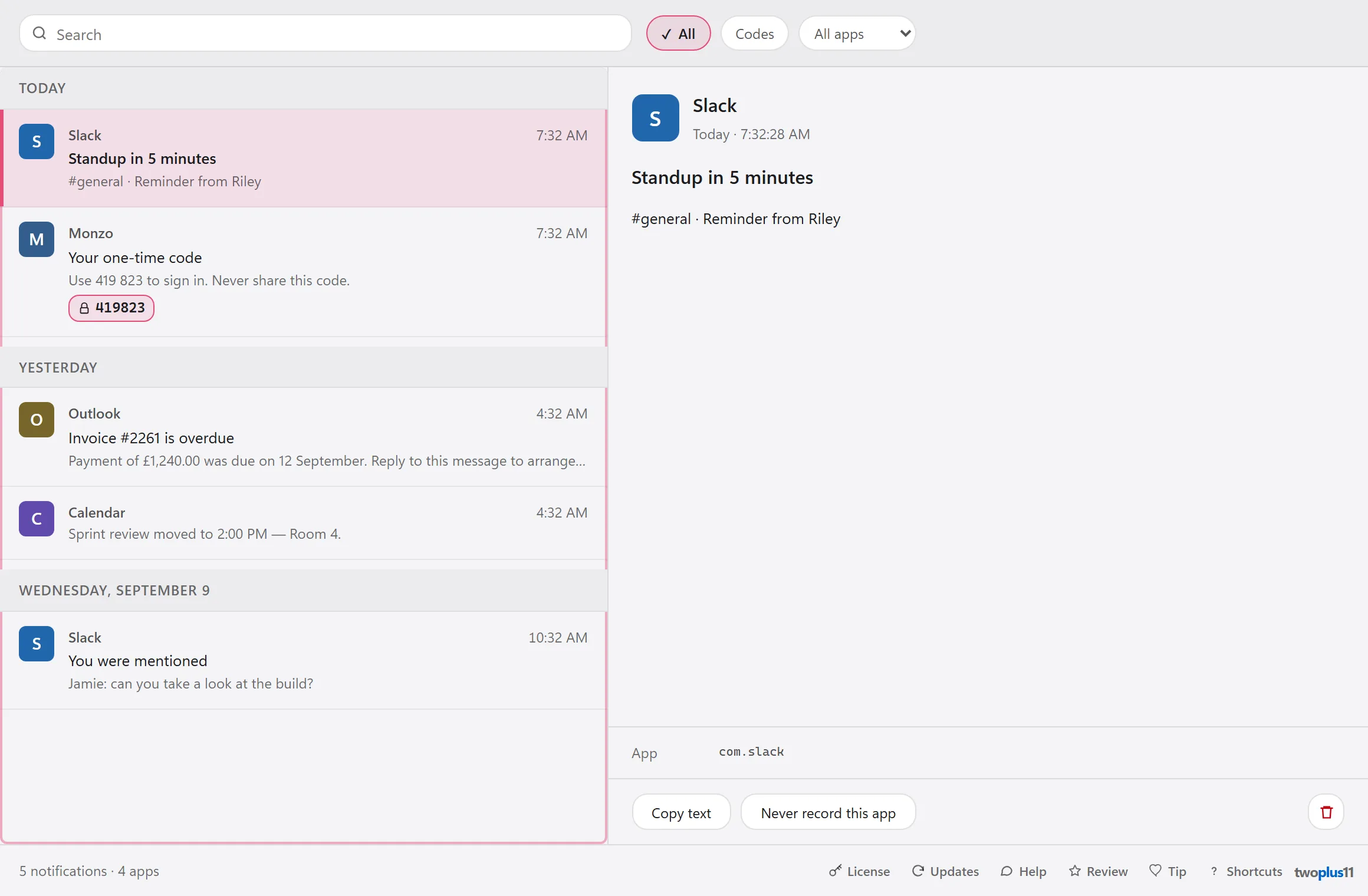 Pingr's notification history, searchable across every app name, title and message, with All and Codes filters and a per-app filter listing Slack with 2, Monzo with 1, Outlook with 1 and Calendar with 1. Five results are grouped by day. Today: a Slack reminder, “Standup in 5 minutes” from #general, and a Monzo message, “Your one-time code”, whose code 419823 is lifted out as its own chip to copy. Yesterday: an overdue Outlook invoice and a Calendar entry with no title. Earlier: a Slack mention. The selected notification is shown in full on the right with its delivery time and app id, a Copy text button and a Never record this app button.