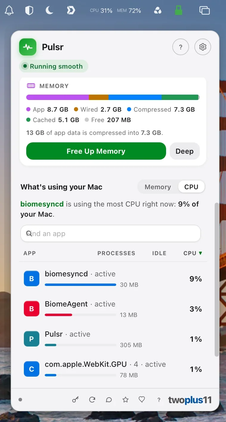The Pulsr popover showing the memory breakdown: App 8.7 GB, Wired 2.7 GB, Compressed 7.3 GB, Cached 5.1 GB and 207 MB free, with a line reading "13 GB of app data is compressed into 7.3 GB" above Free Up Memory and Deep buttons. Below it, "What's using your Mac" is switched to CPU and reads "biomesyncd is using the most CPU right now: 9% of your Mac", over a ranked list of apps with their memory, idle state and CPU share.