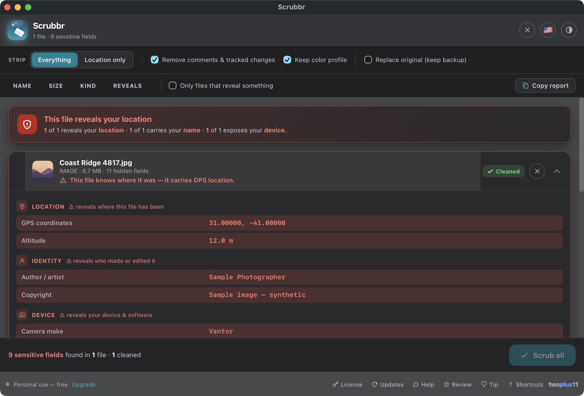 Scrubbr after scrubbing — the same file marked Cleaned with a green badge and the footer reporting 6 sensitive fields found in 1 file, 1 cleaned