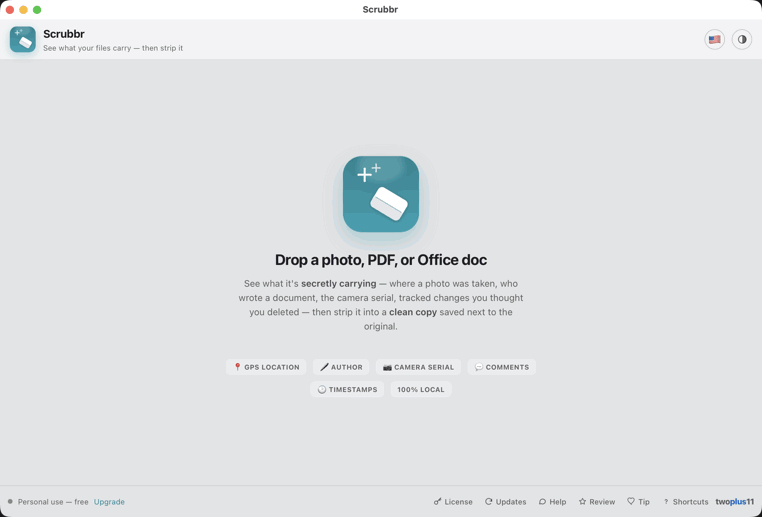 Animation of Scrubbr: a photo is opened, its hidden location, identity and device fields are revealed in red, and Scrub all writes a clean copy marked Cleaned