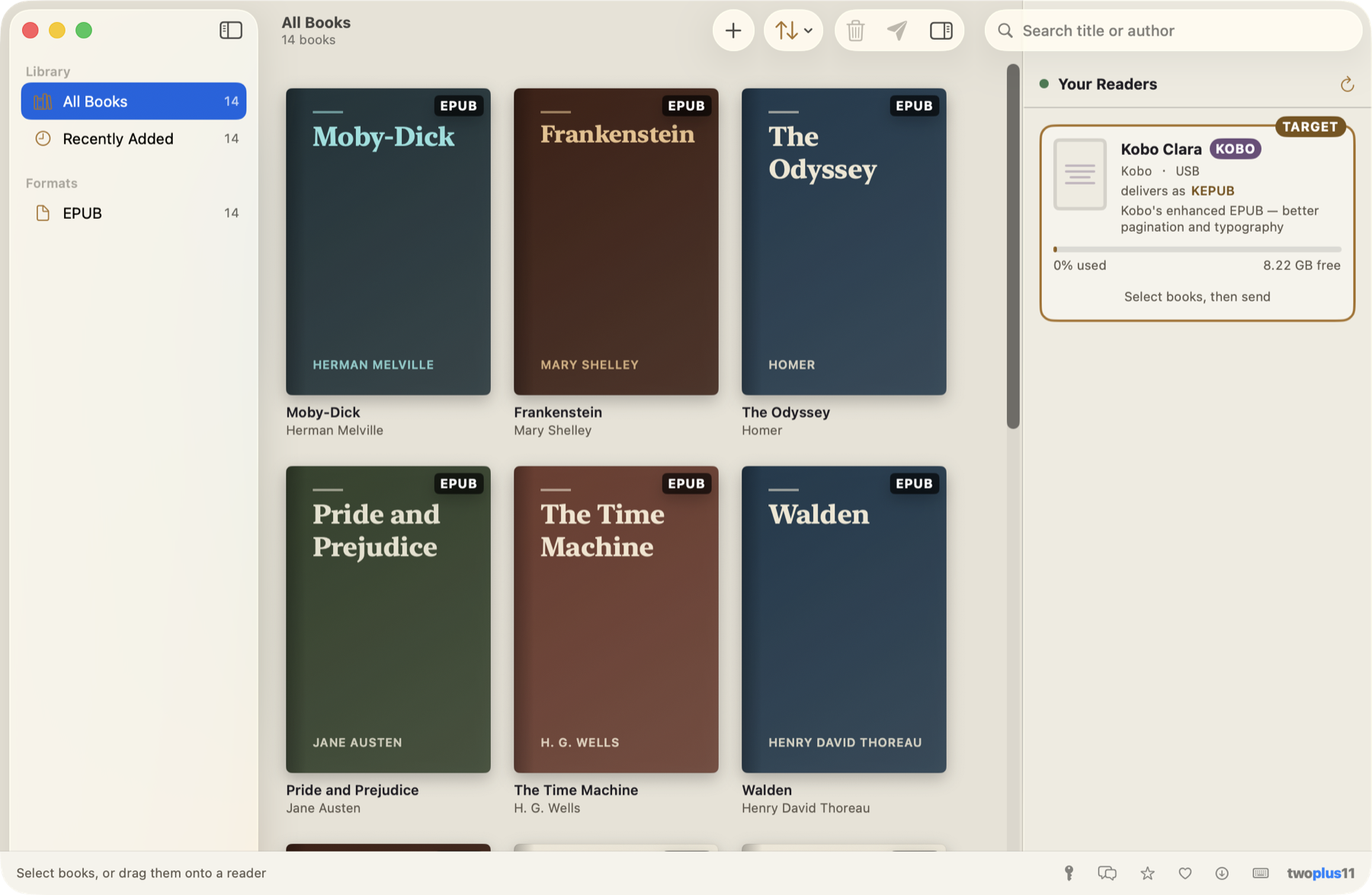 Shelfr on macOS: a shelf of book covers with a connected Kobo Clara reader in the right panel showing 8.22 GB free and “delivers as KEPUB,” ready to send.
