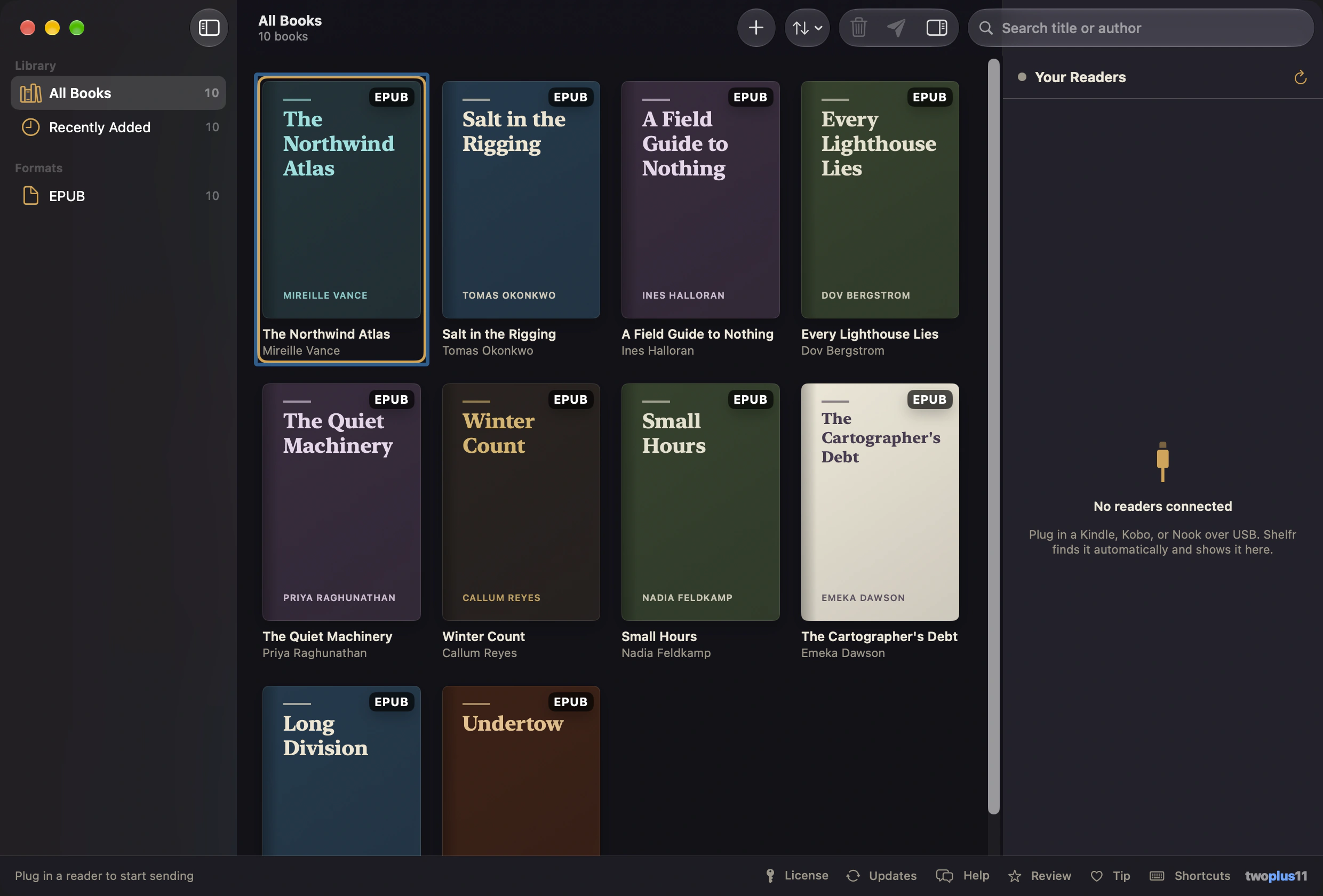 Shelfr on macOS: a shelf of book covers with a connected Kobo Clara reader in the right panel showing 8.22 GB free and “delivers as KEPUB,” ready to send.