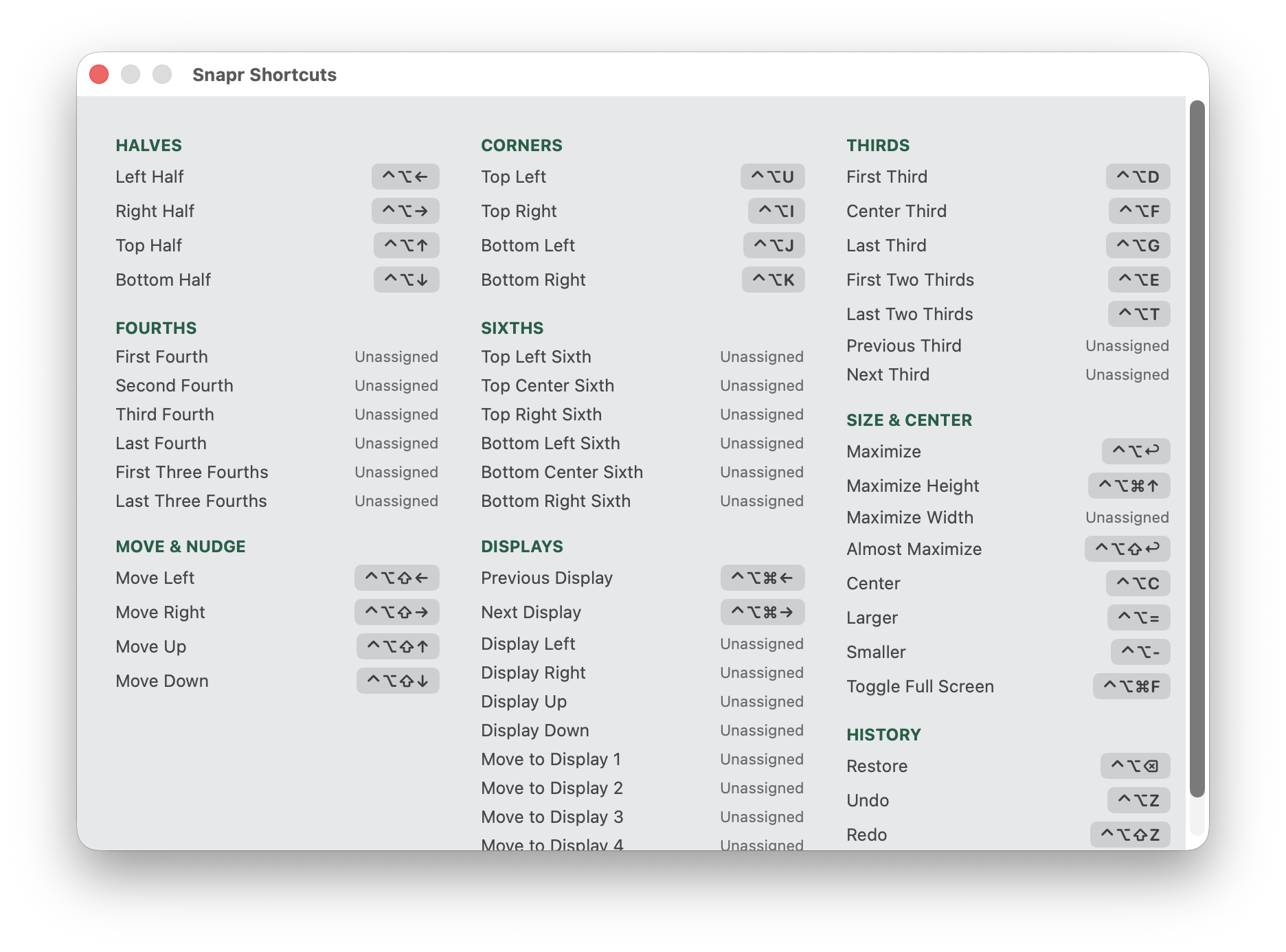 Snapr's cheat sheet, summoned with Control-Option-slash over whatever you're working in — every command laid out in labelled columns for halves, corners, thirds, fourths and sixths, size and center, move and nudge, displays and history, each with its keyboard shortcut shown as keycaps