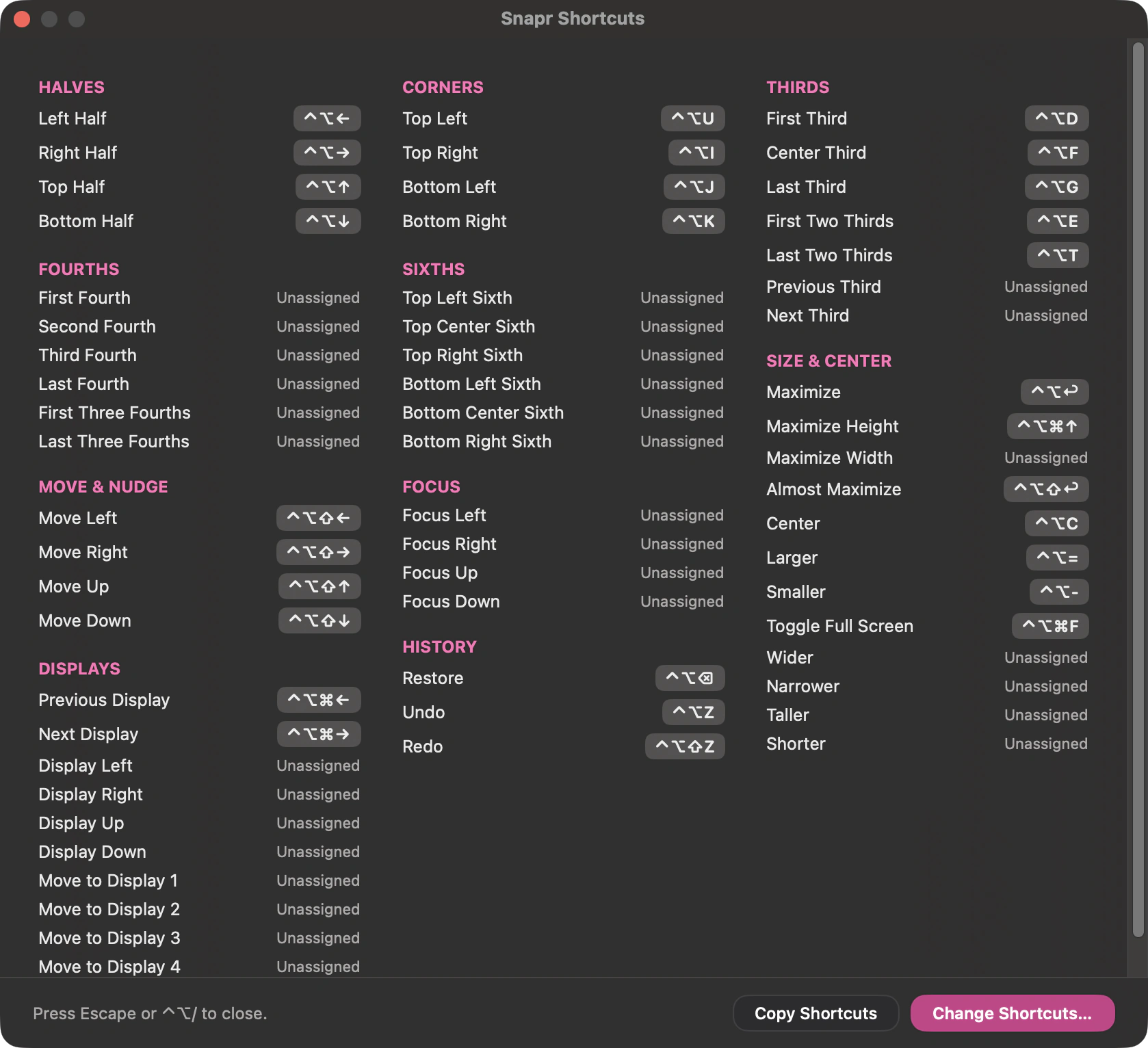 Snapr's cheat sheet, summoned with Control-Option-slash over whatever you're working in — every command laid out in labelled columns for halves, corners, thirds, fourths and sixths, size and center, move and nudge, displays and history, each with its keyboard shortcut shown as keycaps