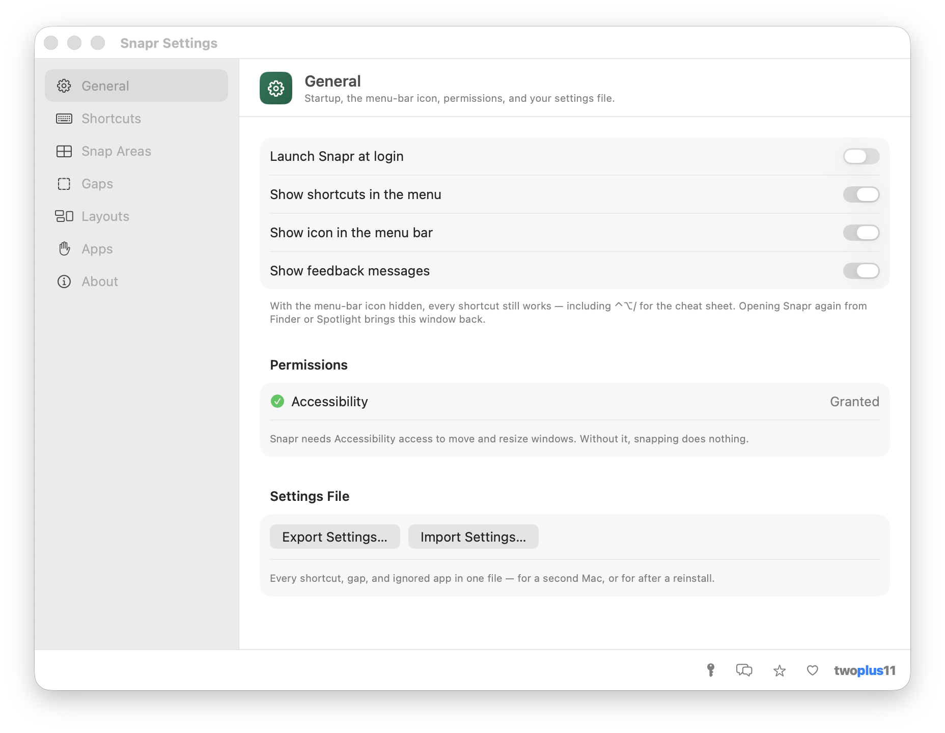 Snapr's Settings window — a sidebar with General, Shortcuts, Snap Areas, Gaps, Layouts, Apps and About, showing Launch at login, display toggles, an Accessibility permission row marked Granted, and settings file export and import