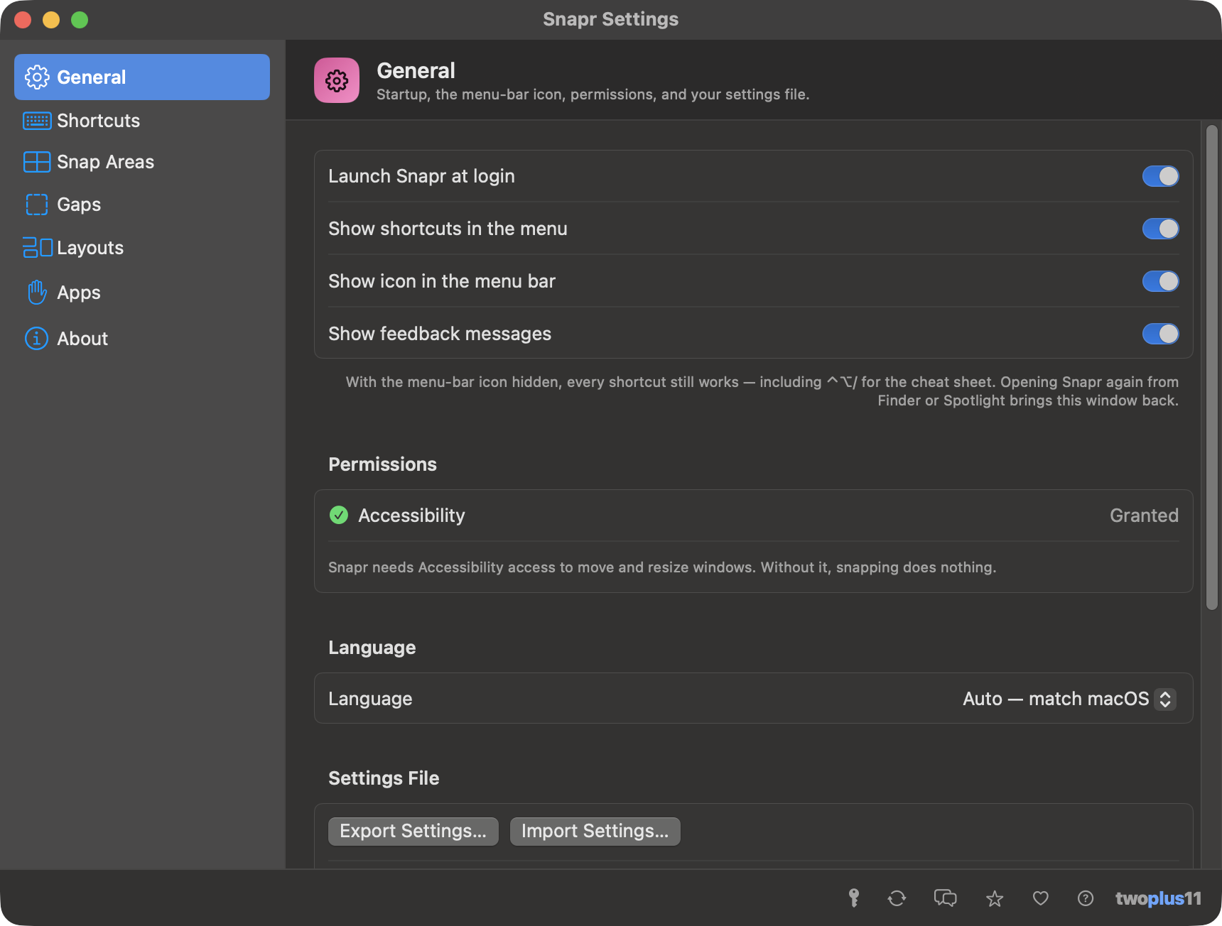 Snapr's Settings window — a sidebar with General, Shortcuts, Snap Areas, Gaps, Layouts, Apps and About, showing Launch at login, display toggles, an Accessibility permission row marked Granted, and settings file export and import