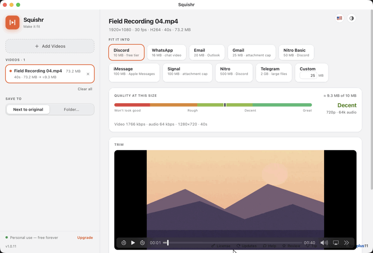 Animation of Squishr: switching the target between WhatsApp and Discord updates the predicted size and quality live, then Compress encodes the clip and reports that it fits